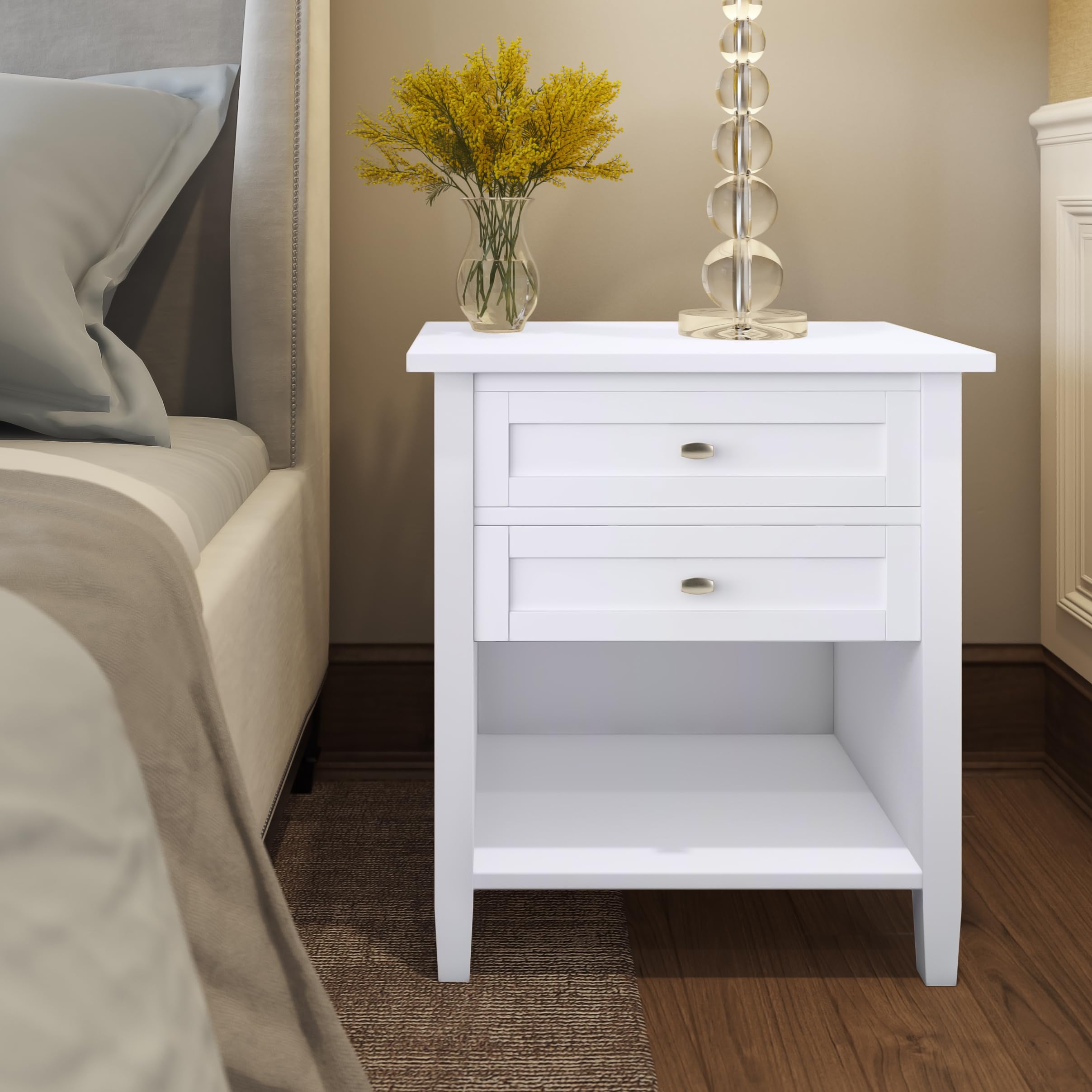 SIMPLIHOME 24 Inch White Shaker Style Solid Wood Nightstand - Transitional Bedside Table for Bedroom & Living Room - Perfect for Storage and Decor
