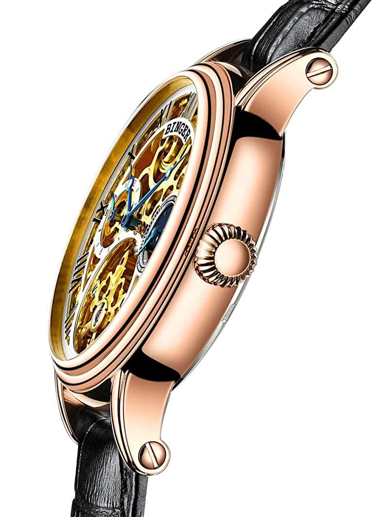 MASTOP Automatic Mechanical Skeleton Watch for Men - Gold/Silver Stainless Steel Case with Black Leather Band - Luxury Dress & Business Watch for Formal Occasions