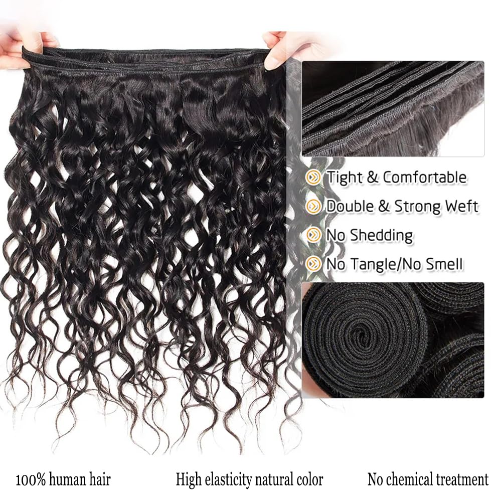 Brazilian Remy Water Wave Human Hair Bundles 10A - 3 Bundles Unprocessed Curly Human Hair Extensions - Double Weft Natural Color (22/24/26 Inch) for Black Women - Perfect for Protective Styles, Weaves & Natural Hair Blending