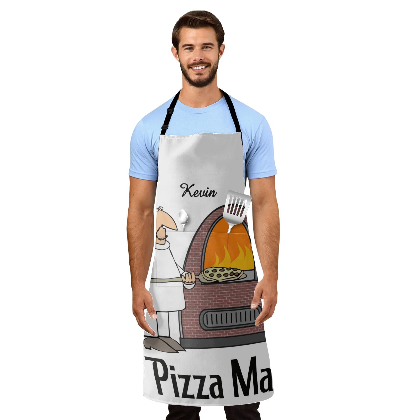 MakeUnique Personalized Pizza Chef Cartoon Apron for Women & Men - Kitchen Cooking Baking Housework Hairstylist Barber Chef Apron with Pockets (27.56x31.5 Inch) - Perfect for Home Cooking, BBQ Parties & Professional Kitchen Use