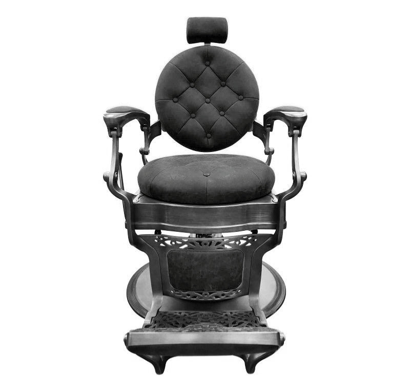 Premium Antique Salon Barber Chair - Heavy Duty Thickened Leather Seat & Backrest - Vintage Gunmetal Grey Finish - Perfect for Classic Barber Shops & Home Grooming Stations