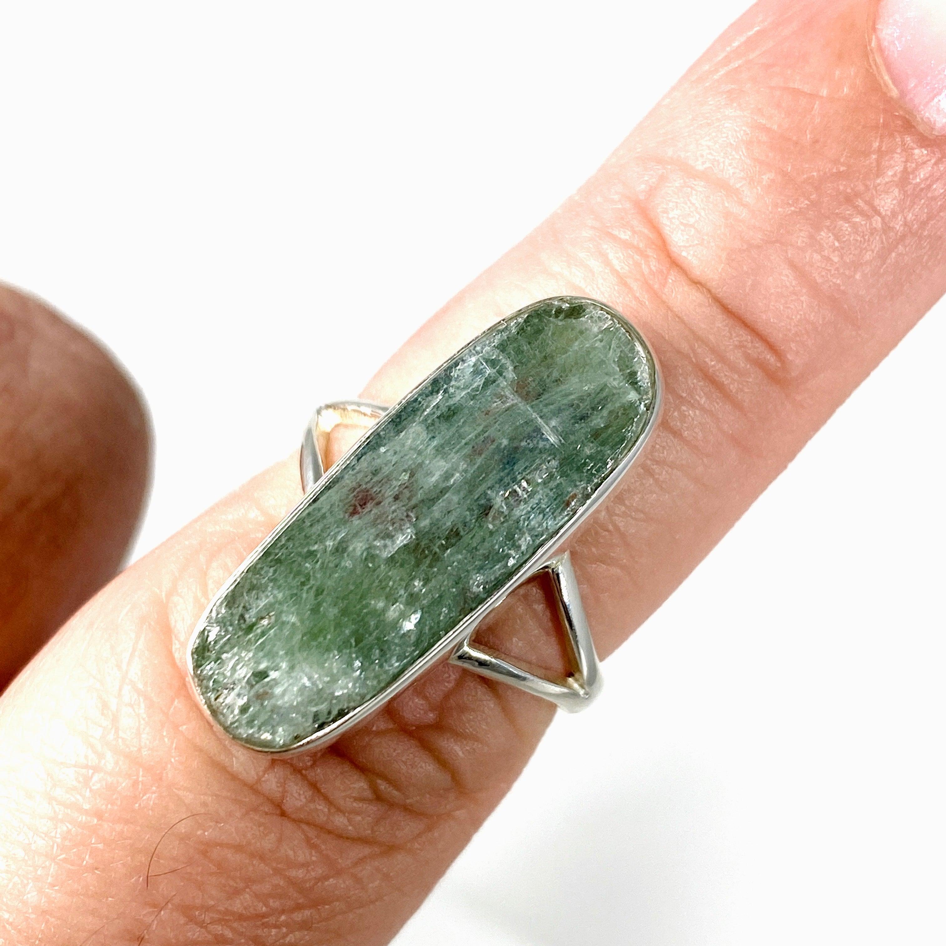 Natural Green Kyanite Oval Ring - Size 8 Sterling Silver Jewelry KRGJ2710 for Meditation & Energy Healing