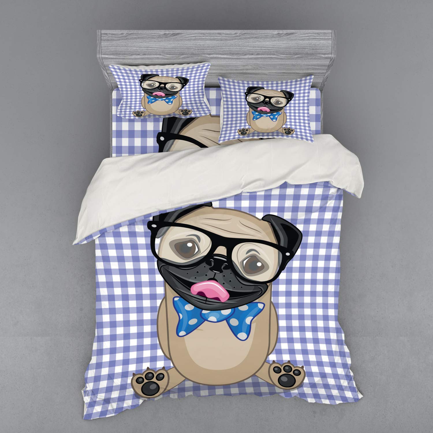 Ambesonne Pug Dog Duvet Cover Set - 4 Piece Queen Size with Nerdy Glasses & Bow Tie Design in Sand Brown, Black & Blue | Perfect for Pet Lovers' Bedroom Decor & Cozy Home Styling