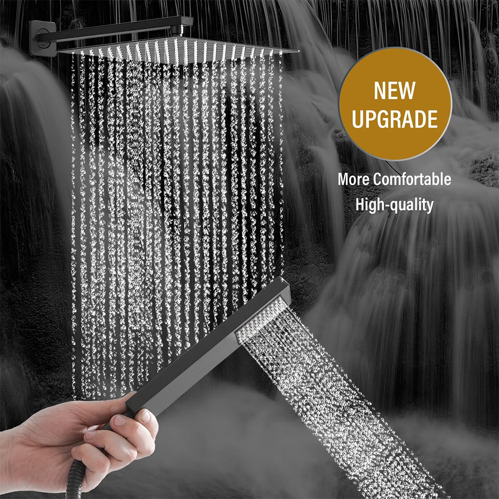 Premium Matte Black Rain Shower System - 10 Inch High Pressure Square Shower Head with Handheld Sprayer - Luxury Wall Mounted Bathroom Shower Faucet Complete Combo Kit for Modern Home Spa Experience