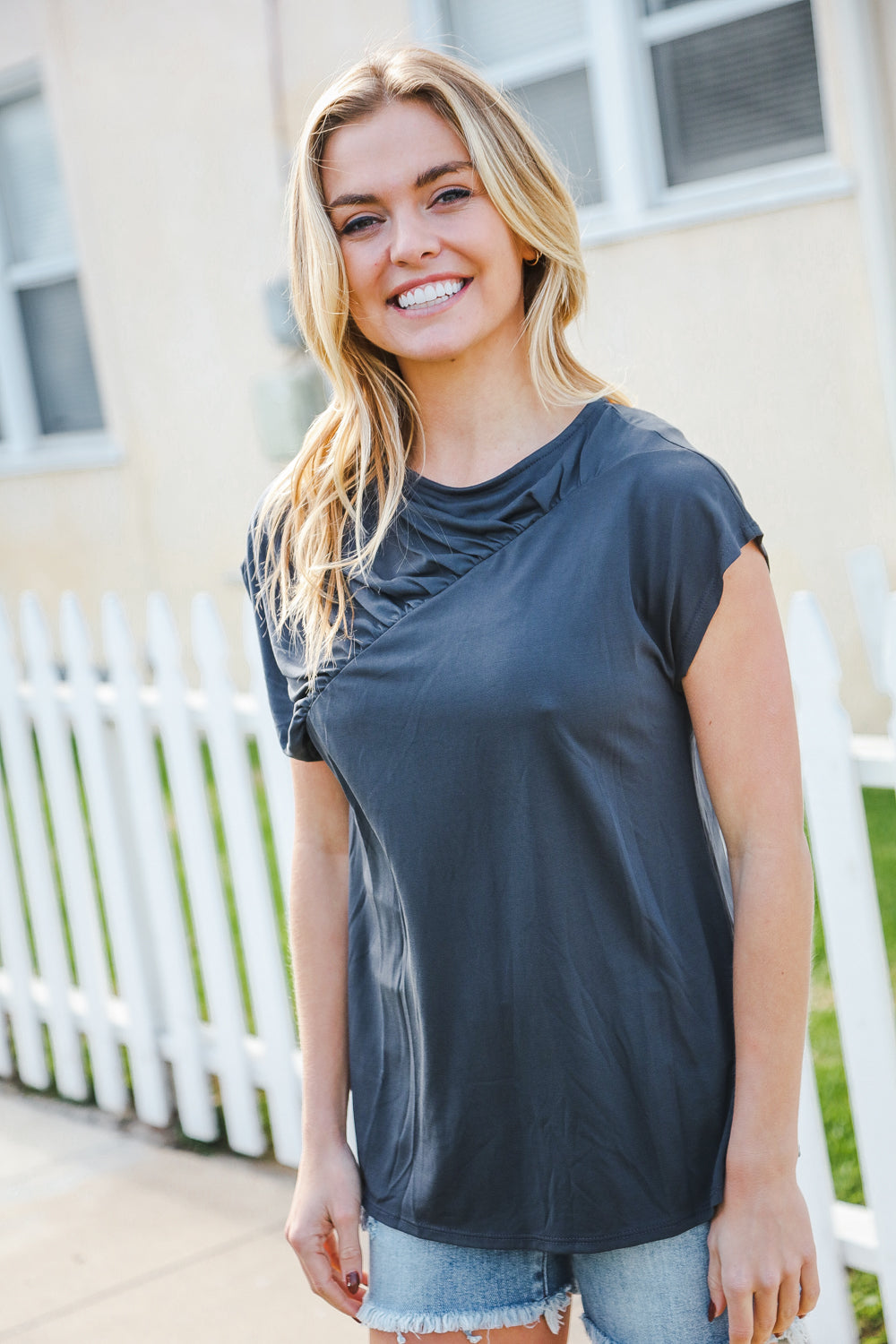 Stylish Charcoal Asymmetrical Drop Shoulder Modal Top - Comfortable & Trendy Women's Blouse for Casual Outings & Date Nights