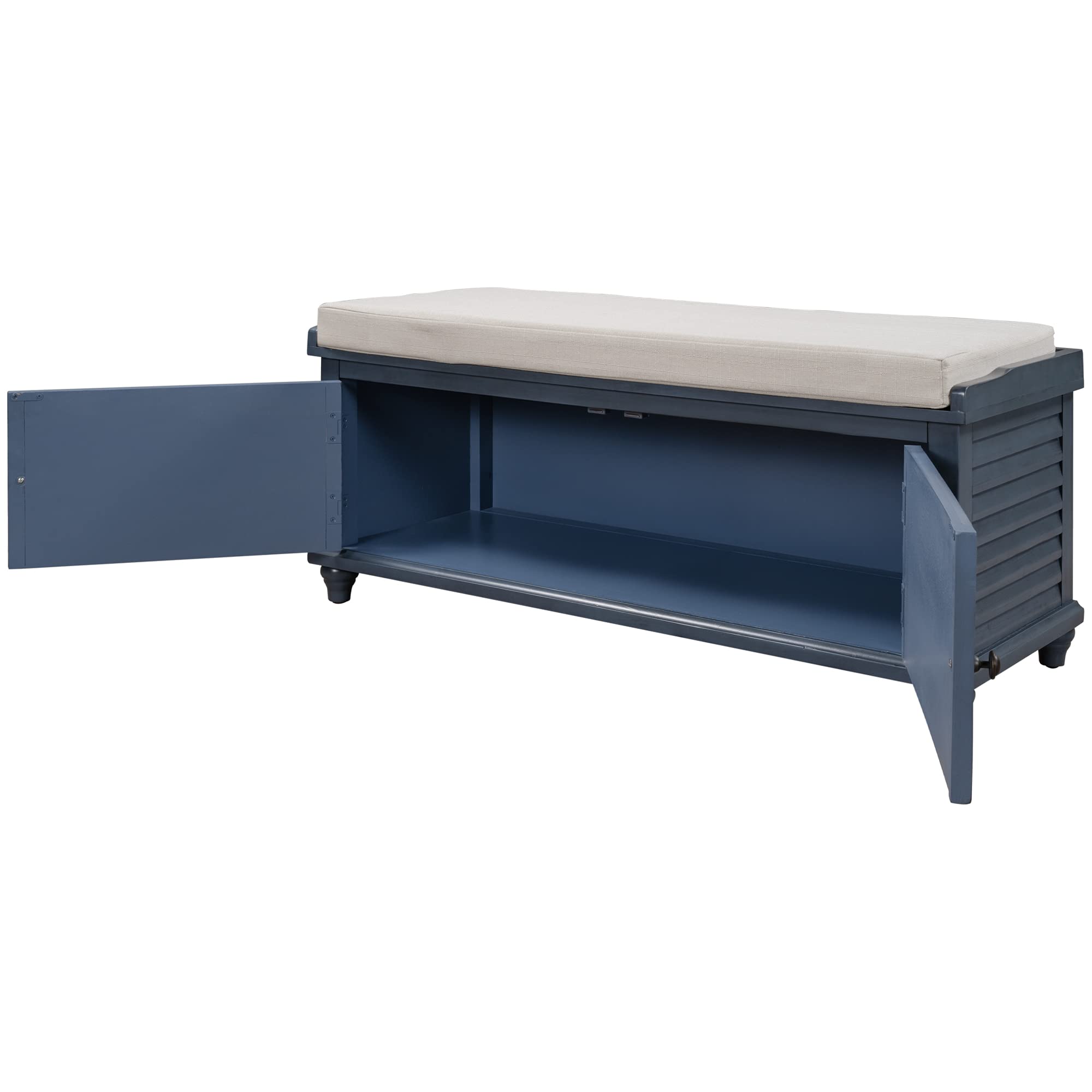 Solid Wood Entryway Storage Bench with Removable Cushion & 2 Doors - Louver Shoe Bench for Hallway, Living Room, Bedroom - Navy Blue Organizer for Shoes, Hats & Home Decor