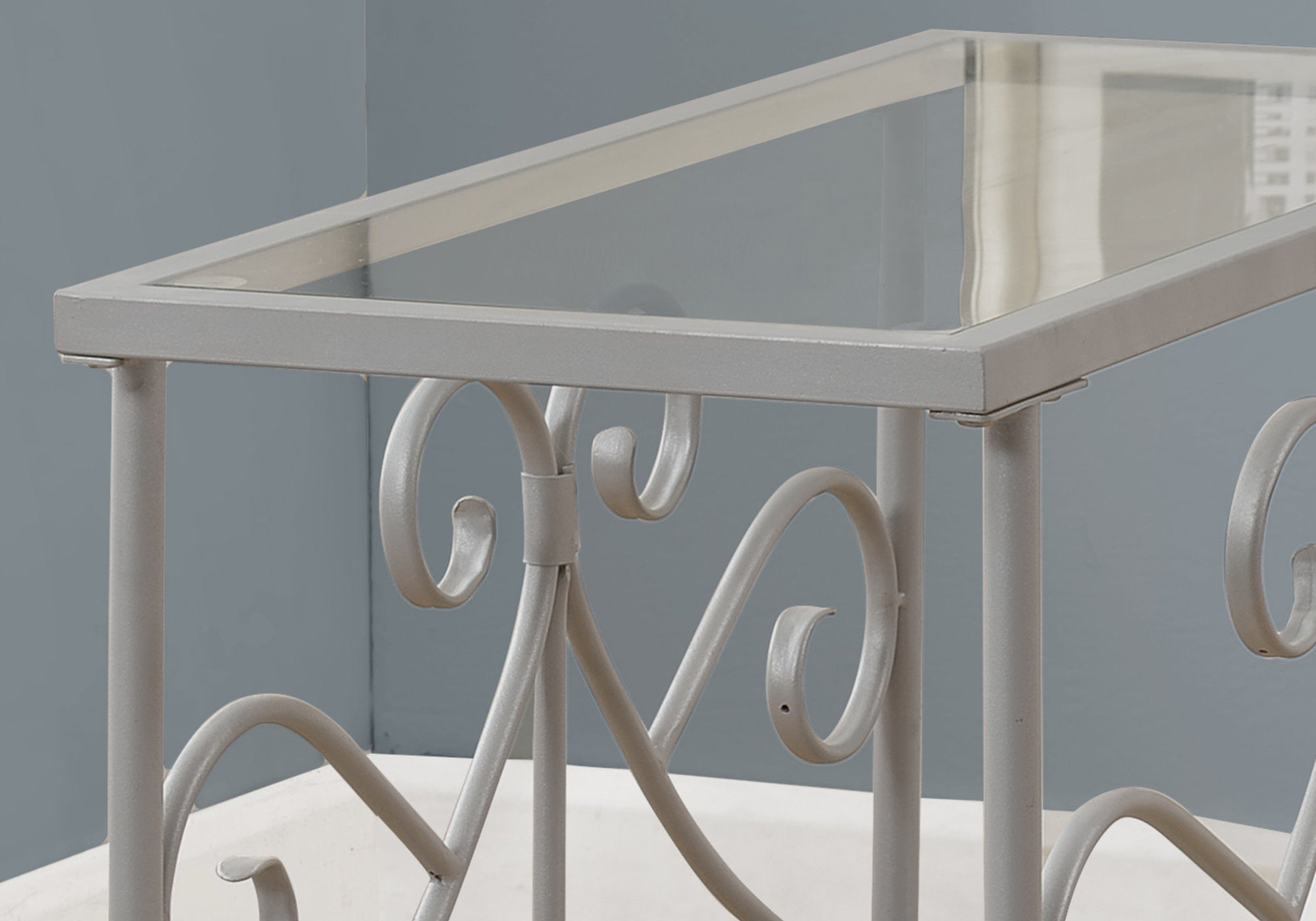 Modern Silver Metal Accent Table with Tempered Glass Top - Perfect for Living Room, Bedroom, or Office Decor