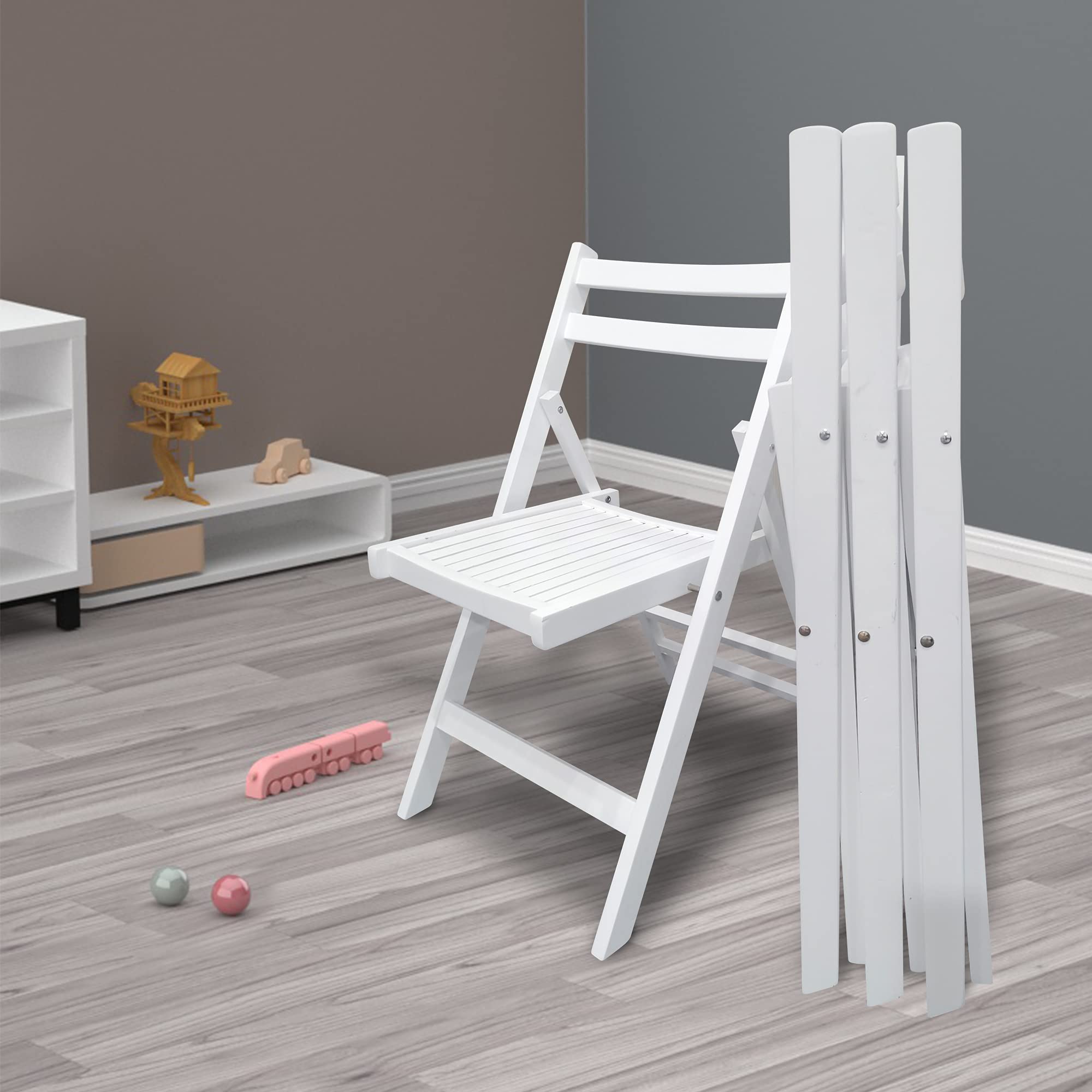 4 Pack Wood Folding Chairs - Portable Stackable Indoor Outdoor Chairs for Wedding, Party, Office, Picnic & Dining - White Commercial Grade Event Seating for Home, Restaurant and Garden Use