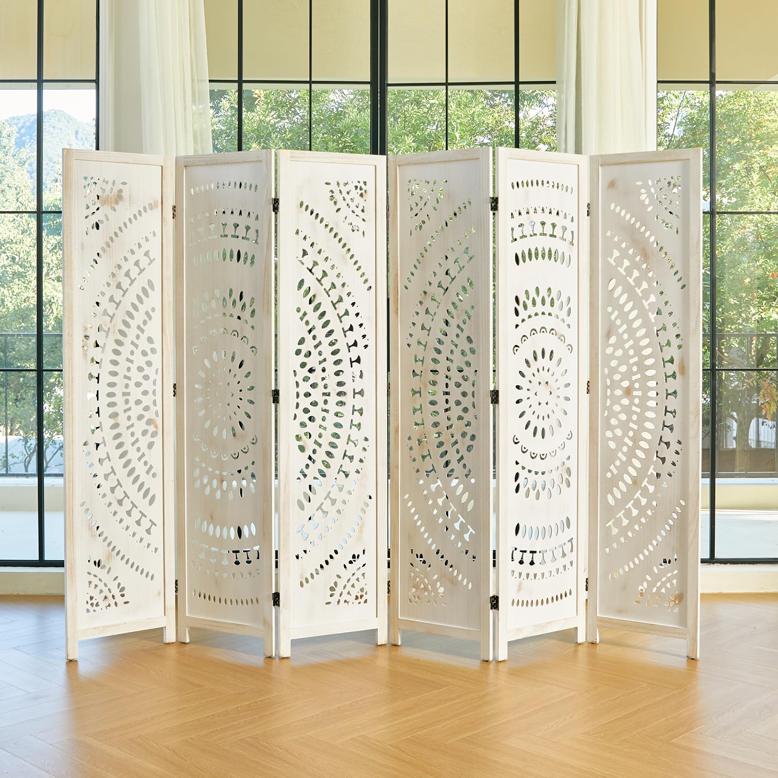 66.9 Inch Folding Room Divider Screen - 6 Panel Wood Carved Privacy Partition for Home, Office, Restaurant & Bedroom - Freestanding & Easy to Assemble (White-Washed) | Perfect for Creating Private Spaces & Room Separation