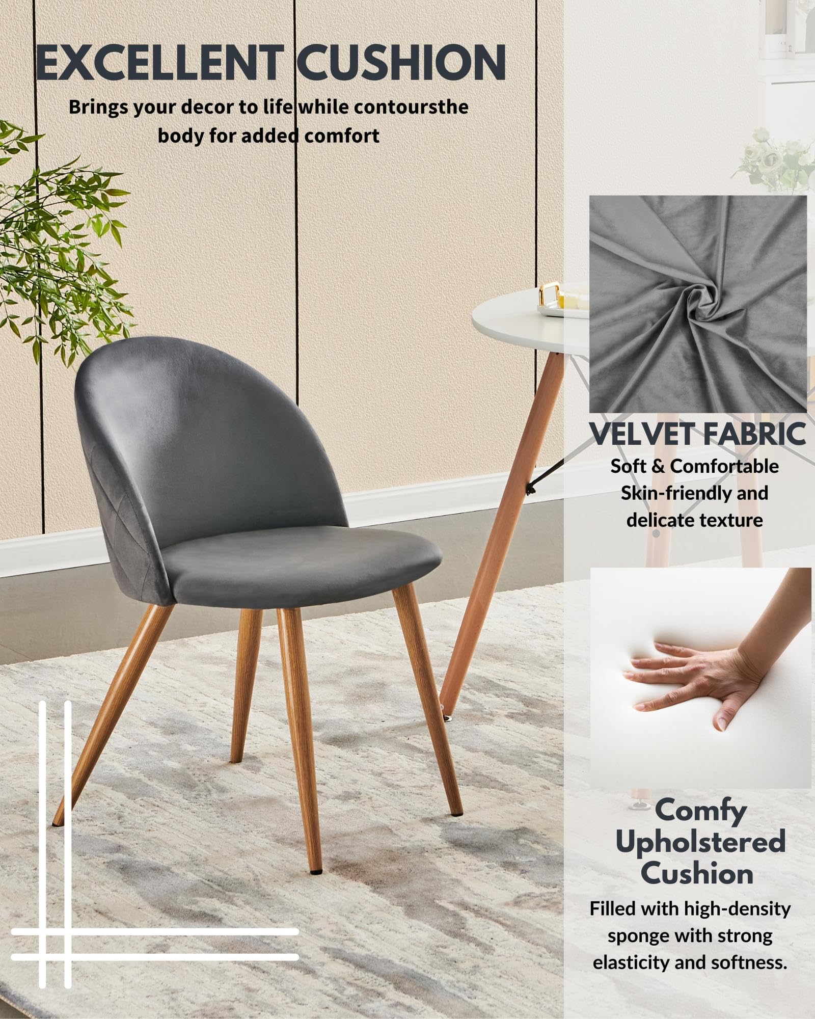 FurnitureR Velvet Dining Chairs Set of 2 - Modern Mid Century Kitchen & Living Room Accent Chairs with Metal Legs, Grey - Perfect for Dining Rooms, Breakfast Nooks & Home Decor (2PCS)