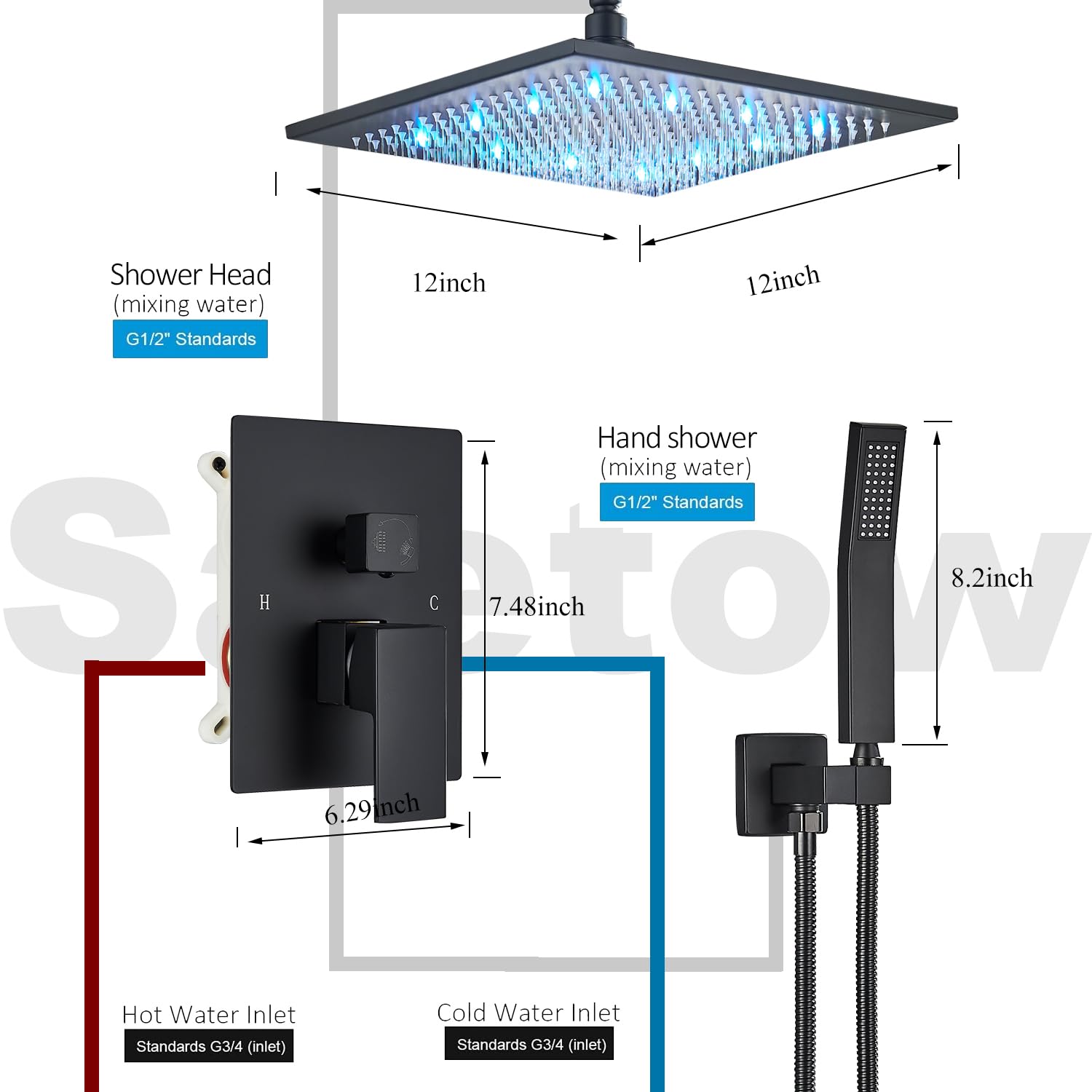 12 Inch Ceiling Mount Shower System with LED Rainfall Shower Head, Rough-in Valve, Body & Trim - Matte Black Finish for Modern Bathroom Renovations | Perfect for Spa-Like Showers and Luxury Home Upgrades