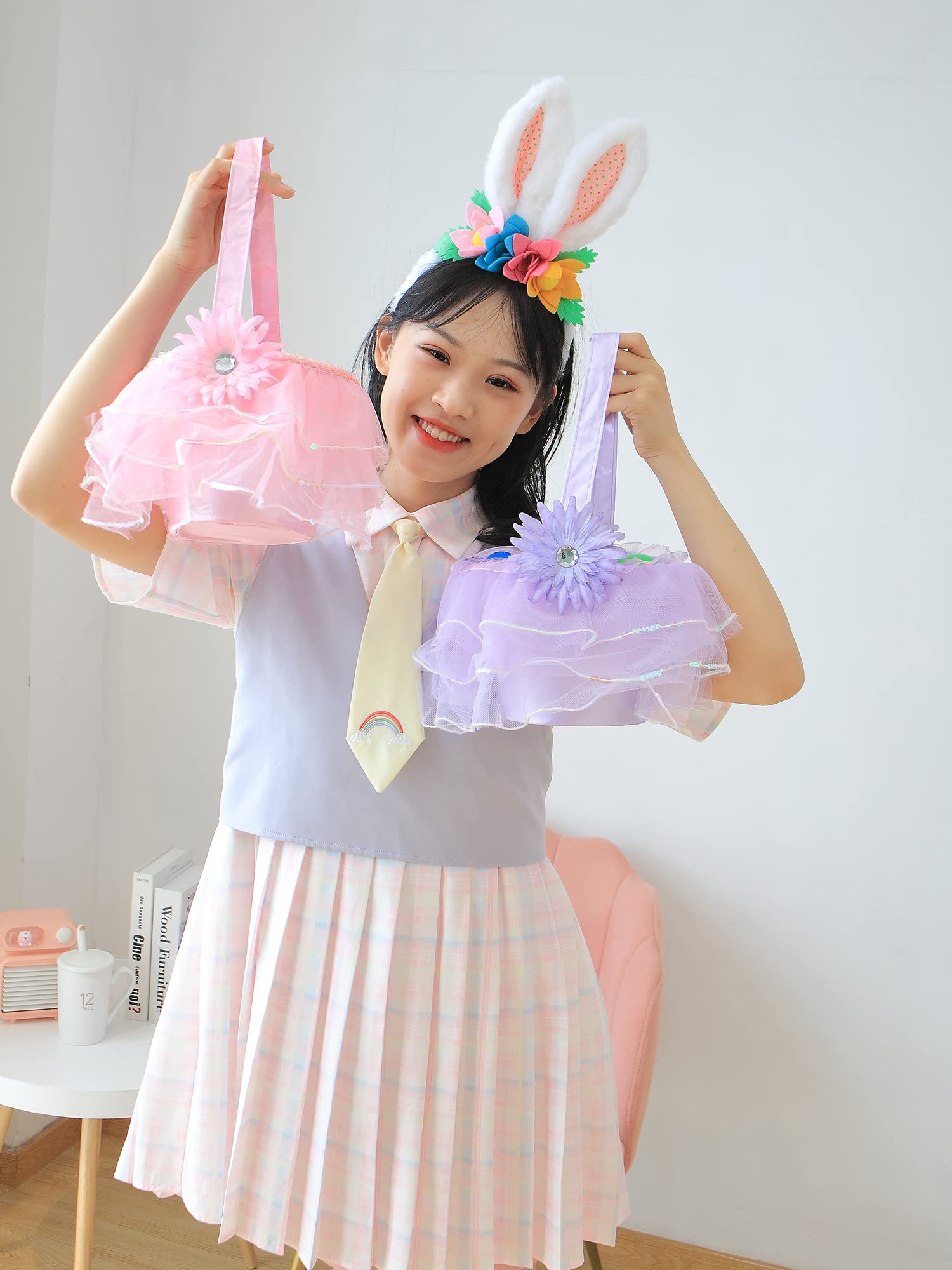 DearSun 2-Piece Flower Tutu Easter Basket Set - Elegant Pink & Purple Easter Baskets for Kids, Easter Egg Hunt, Candy Storage & Gift Giving - Perfect for Easter Celebrations, Spring Parties & Holiday Decorations