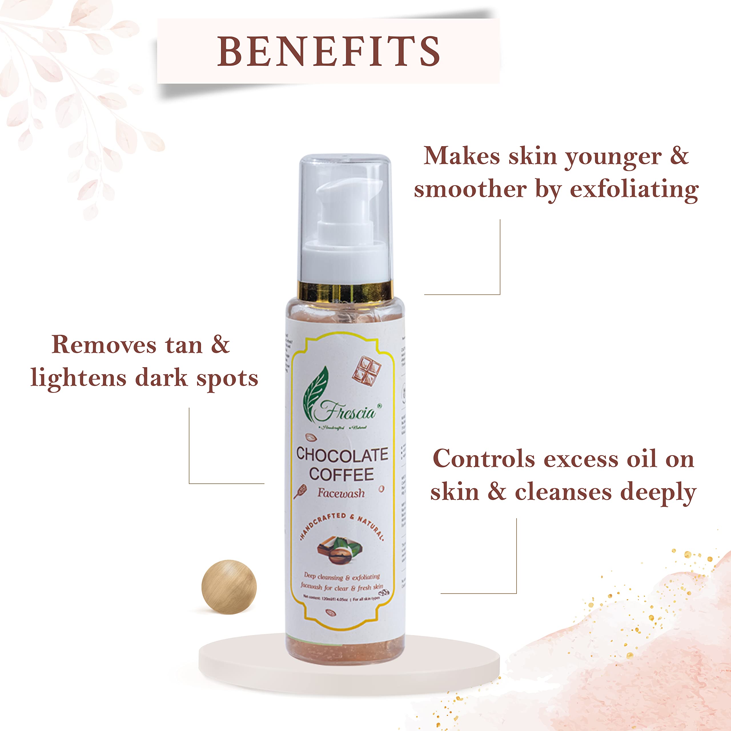 Frescia Chocolate Coffee Face Wash - Gentle Deep Cleansing & Exfoliating for Oily & Acne-Prone Skin | Natural Sulfate-Free & Paraben-Free Formula | Reduces 99.9% Pimple-Causing Bacteria | 120ml for Daily Skincare Routine | Perfect for Morning & Night Use