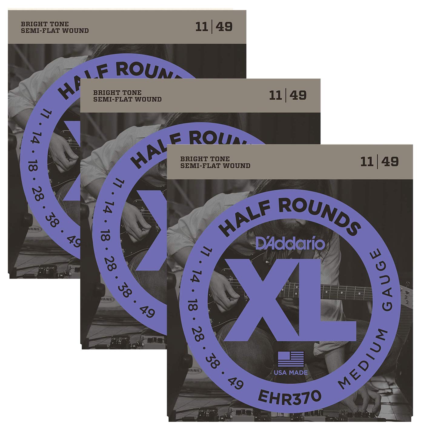 D'Addario EHR370 Half Round Medium Electric Guitar Strings 11-49 Gauge | 3-Pack Set | Smooth Playability & Warm Tone | Perfect for Rock, Blues & Jazz Performances