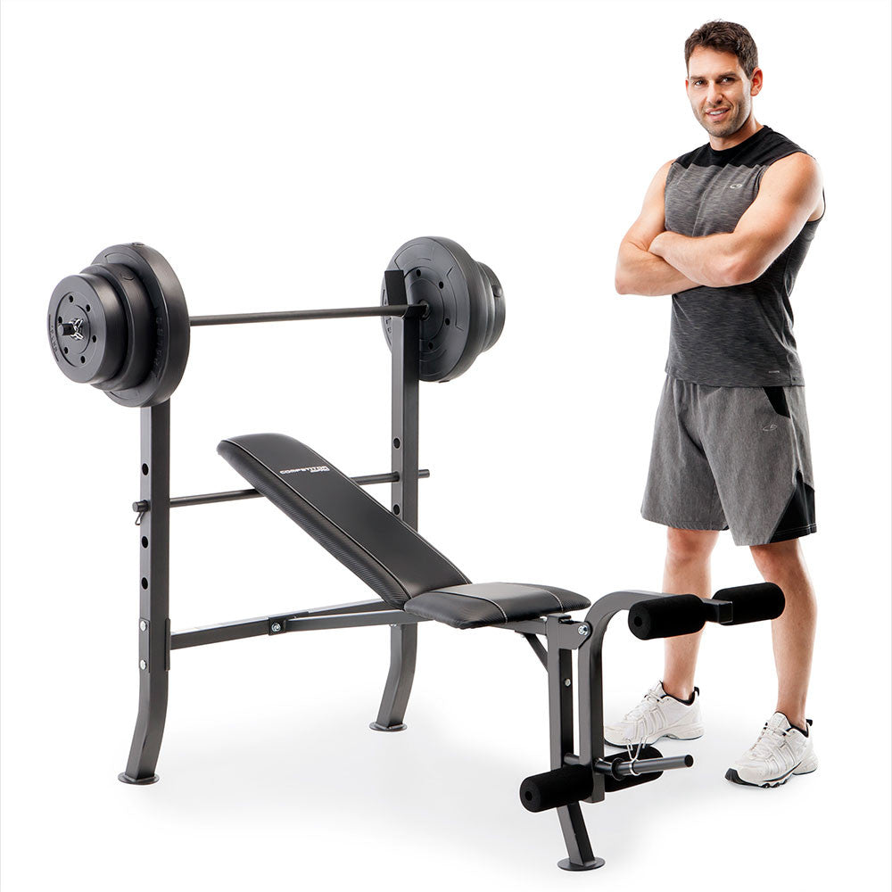 Competitor Pro Standard Weight Bench with 100lb Plate Set - Heavy Duty Home Gym Equipment for Strength Training & Fitness Workouts | CB 5573