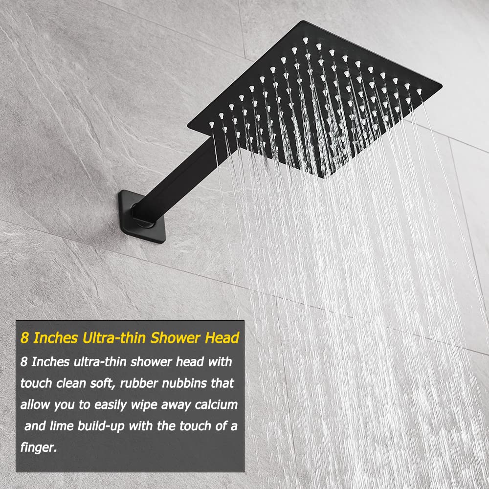 Luxury Matte Black Shower System - Brass Rainfall Shower Head Combo Set with Wall Mounted Mixer & Rough-in Valve (Body & Trim Included) for Modern Bathroom & Spa Experience