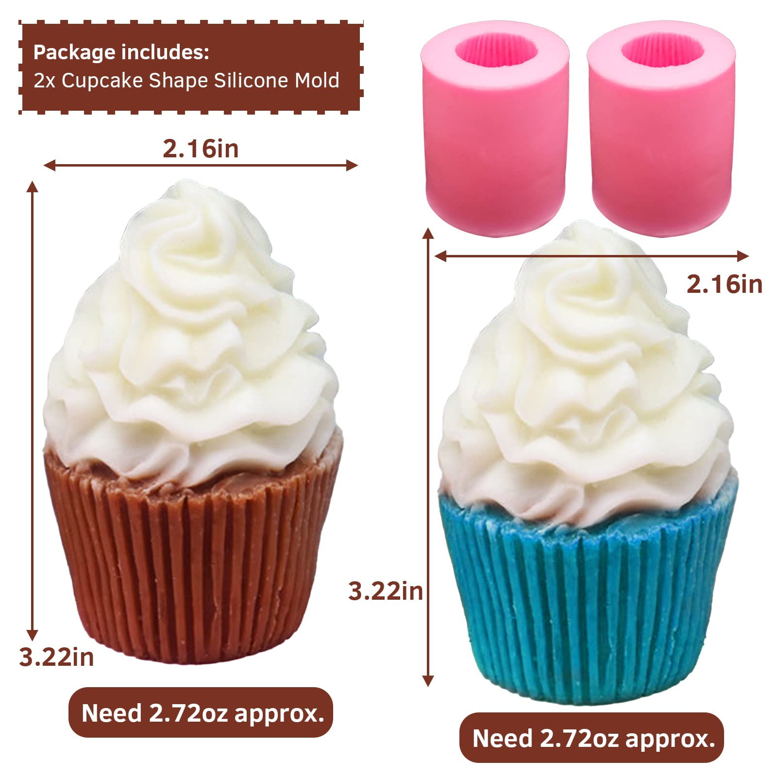 2PCS Silicone Candle Molds - Cupcake Shaped Soap Molds for DIY Epoxy Resin Casting, Cute 3D Ice Cream Chocolate Fondant Cake Molds for Candle, Soap, Wax, Clay Crafts - Perfect for Home Decor, Party Favors & Gift Making