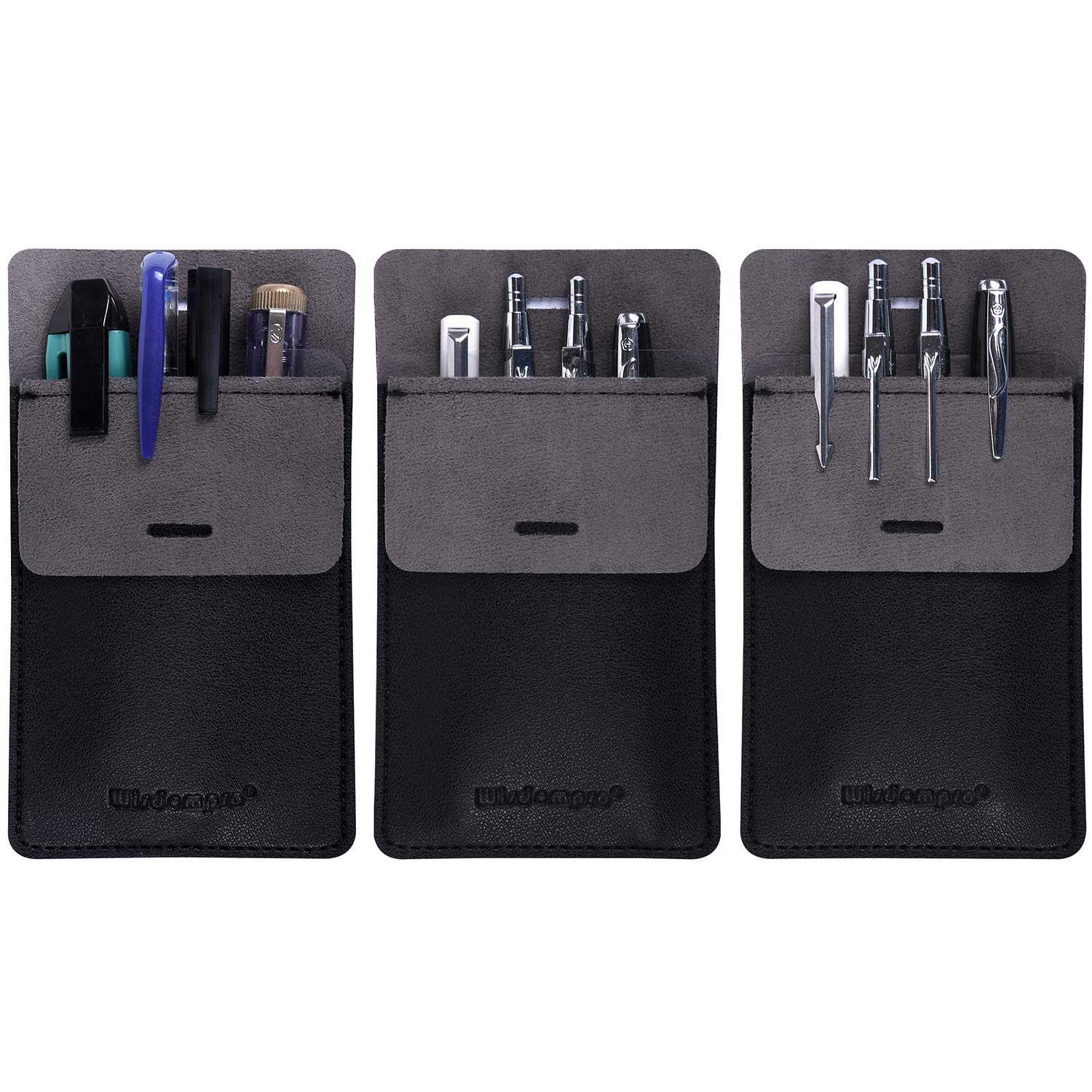 Wisdompro 3 Pack Heavy Duty PU Leather Pocket Protector - Pen Holder Pouch for Shirts, Lab Coats & Pants - Multi-Functional Organizer for Pens, Pencils, Markers & Notes (Black) - Perfect for Office, School & Work Uniforms