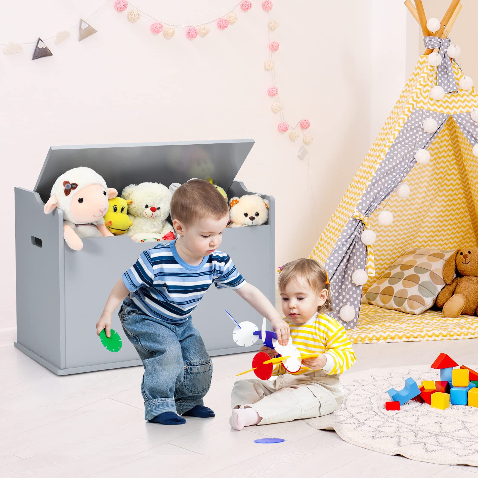 Costzon Kids Wooden Toy Chest with Bench Seat - Large Toy Storage Box with Finger-Pinch Prevention & Lift-Top Foot Rest - Perfect for Toddler Bedroom, Playroom, or Entryway Organization (Grey)