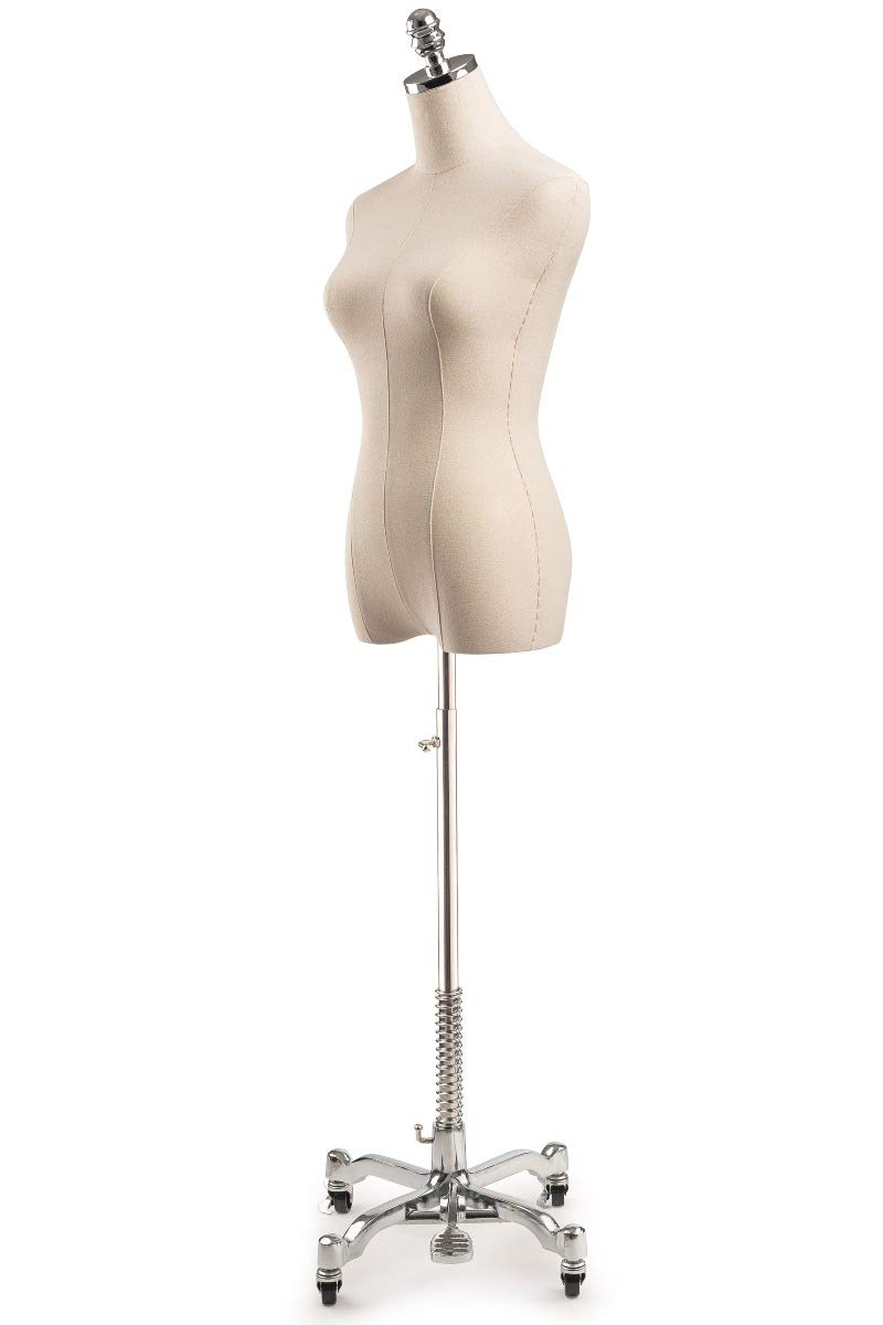 TSC Medium Chrome Female Dress Form Mannequin - Adjustable Natural Canvas Display on Rolling Metal Base for Fashion Design, Tailoring & Boutique Displays
