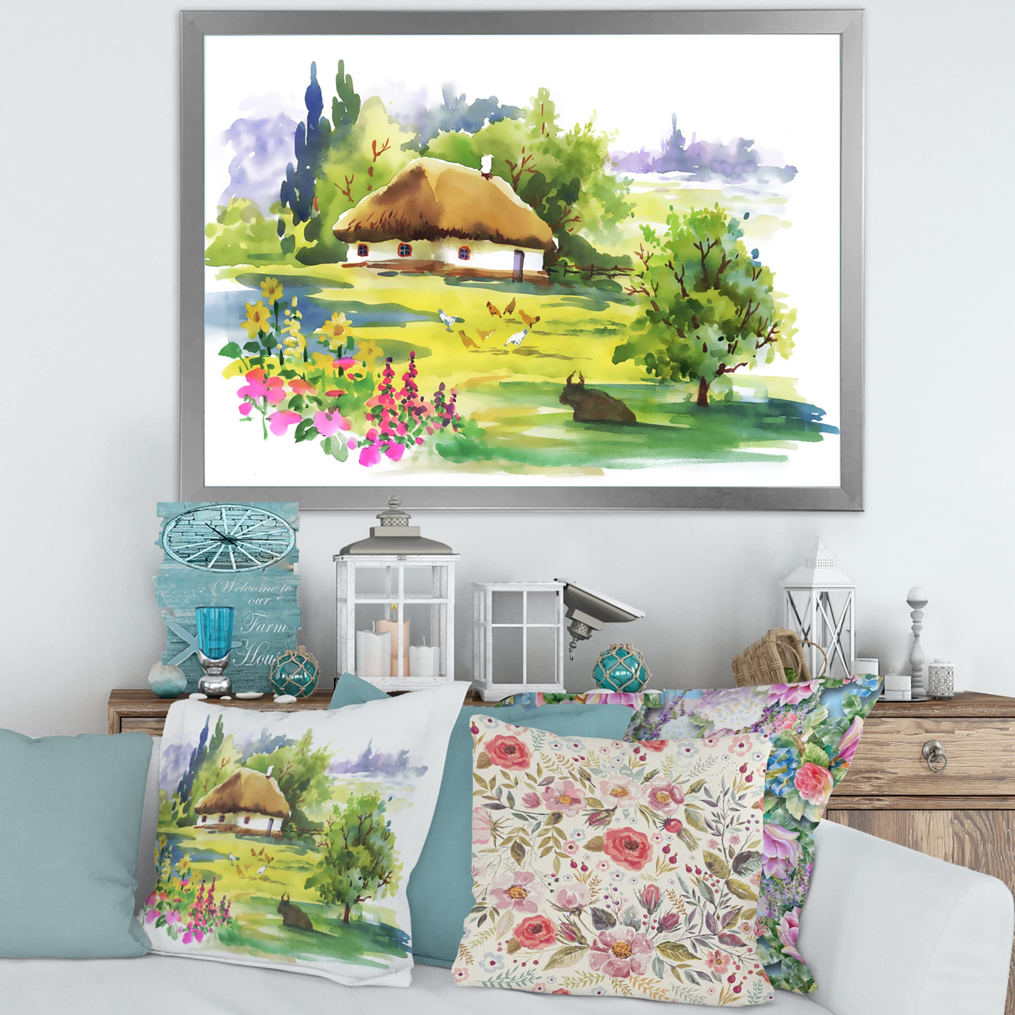 DesignQ Rustic Countryside House in Blooming Greenlands - Traditional Framed Wall Art for Living Room, Bedroom & Office Decor