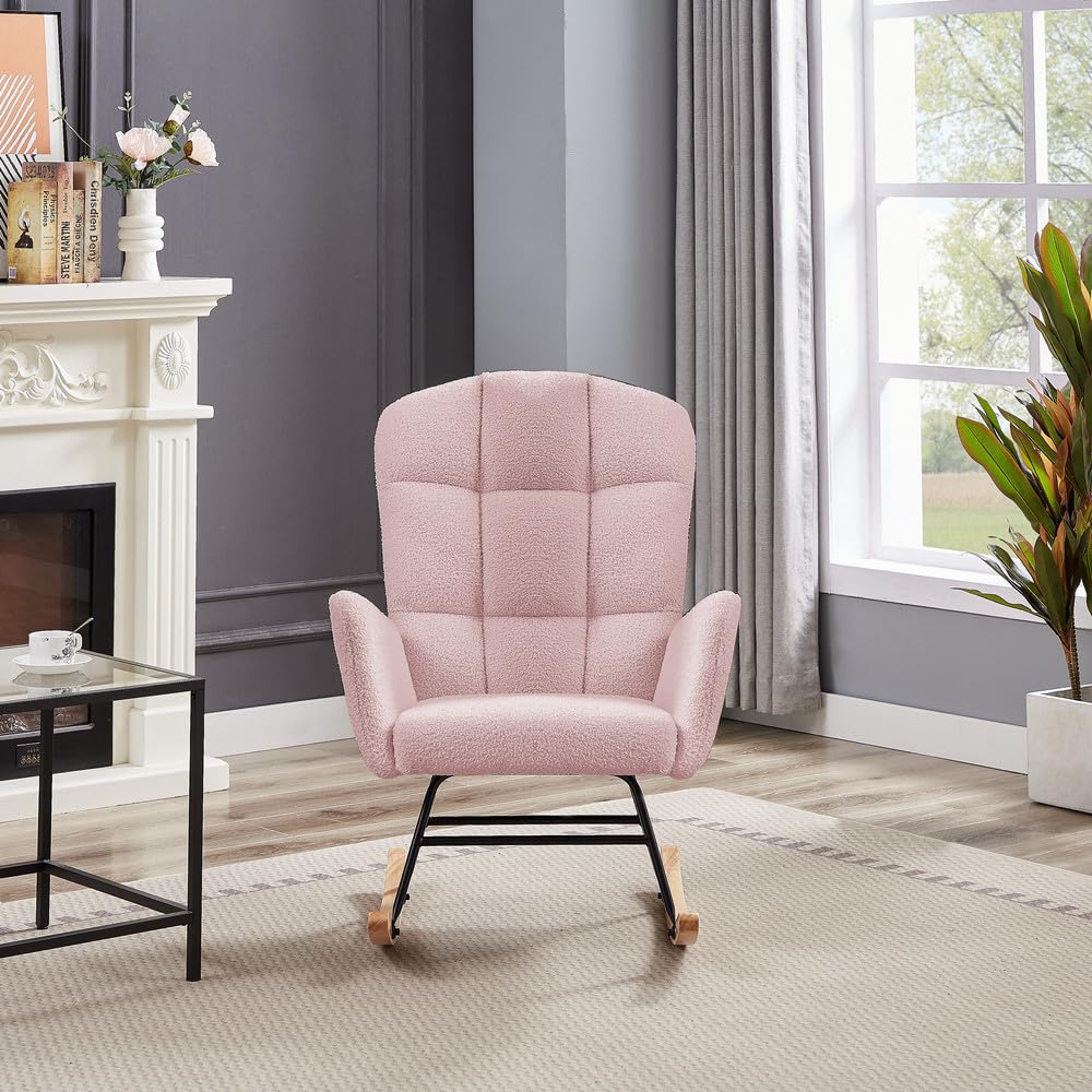 Comfortable Upholstered Nursery Rocking Chair with High Backrest - Pink Teddy Glider Armchair for Living Room, Bedroom & Office - Perfect for Nursing, Relaxing & Reading