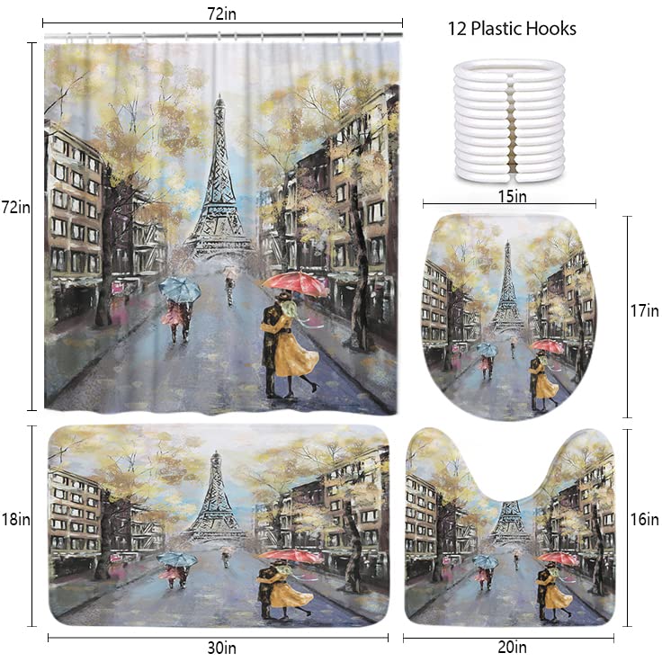LOKMU 4-Piece Shower Curtain Set with Non-Slip Bath Mat, Toilet Lid Cover, and 12 Hooks - Paris Eiffel Tower Waterproof Bathroom Decor (72