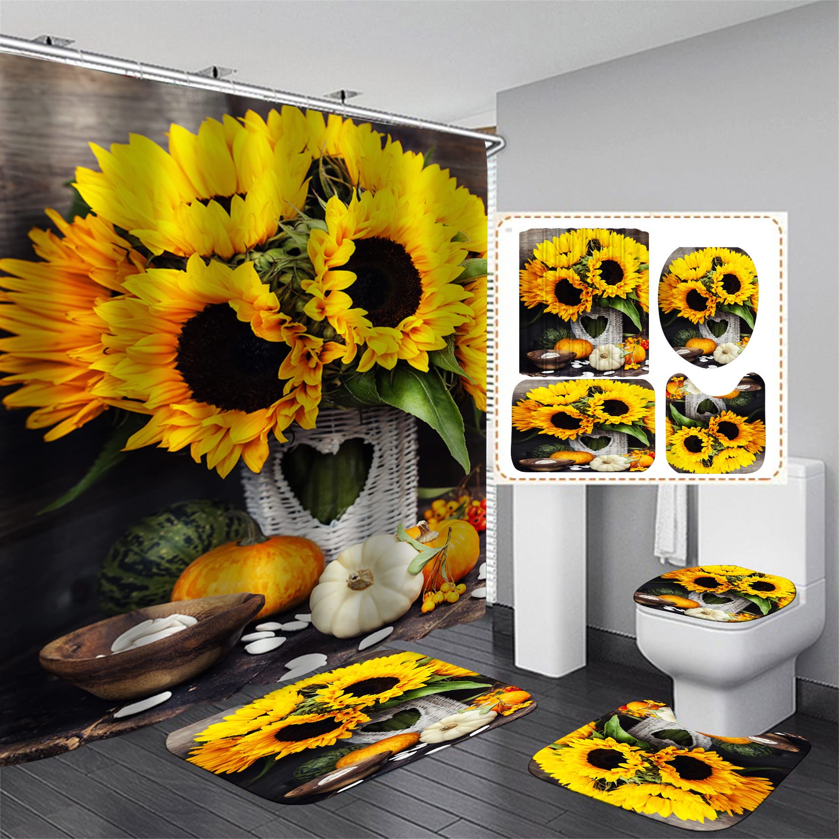 AZHM Sunflower Shower Curtain Set - 4 Piece Waterproof Bathroom Decor with Non-Slip Rug, Toilet Cover & 12 Hooks - Perfect for Farmhouse, Vintage & Boho Style Bathrooms