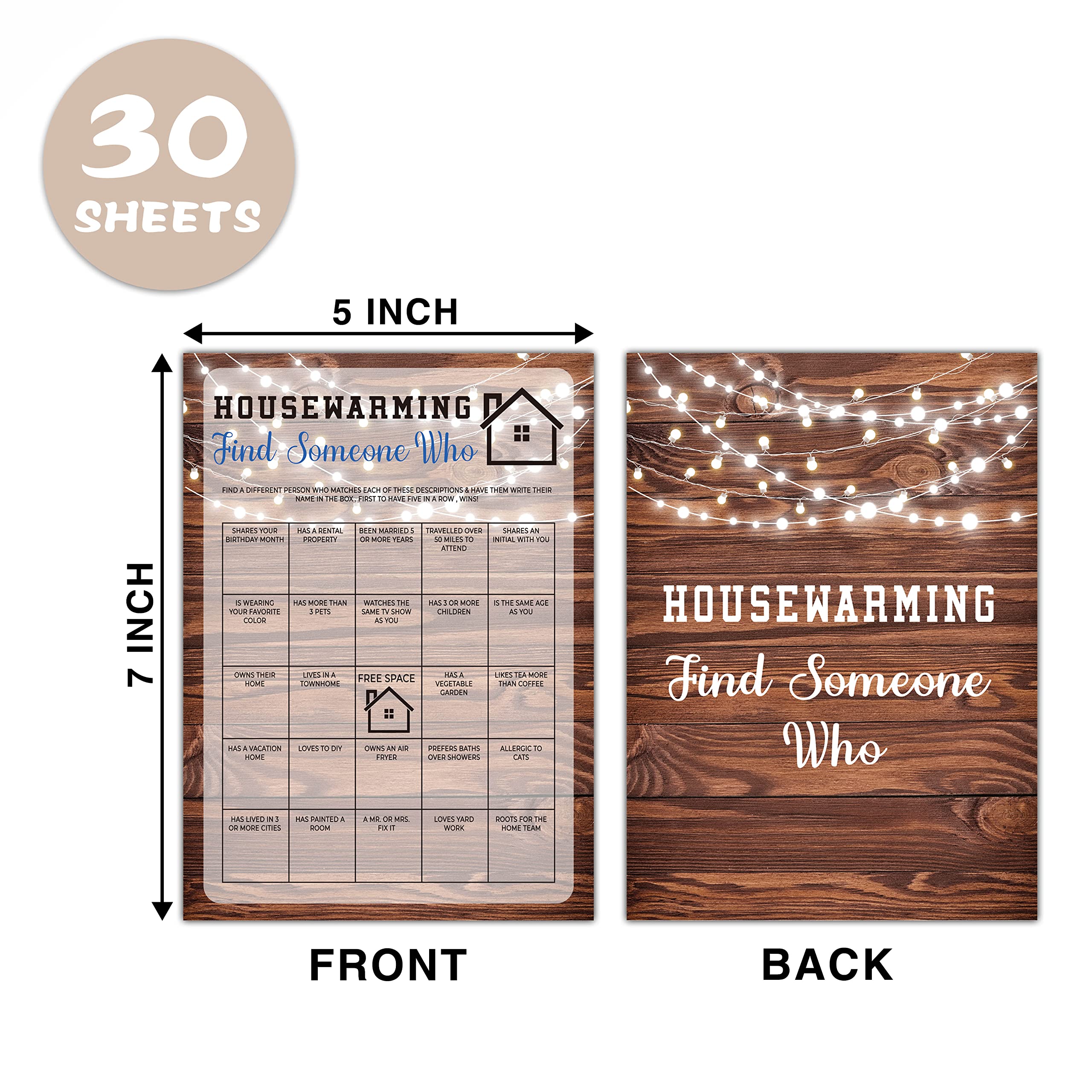 OICPYD Housewarming Party Games - Find Someone Who Cards for Rustic New Home Celebrations | 30 Sheets per Pack | Fun Icebreaker Activities for New Homeowners & House Parties