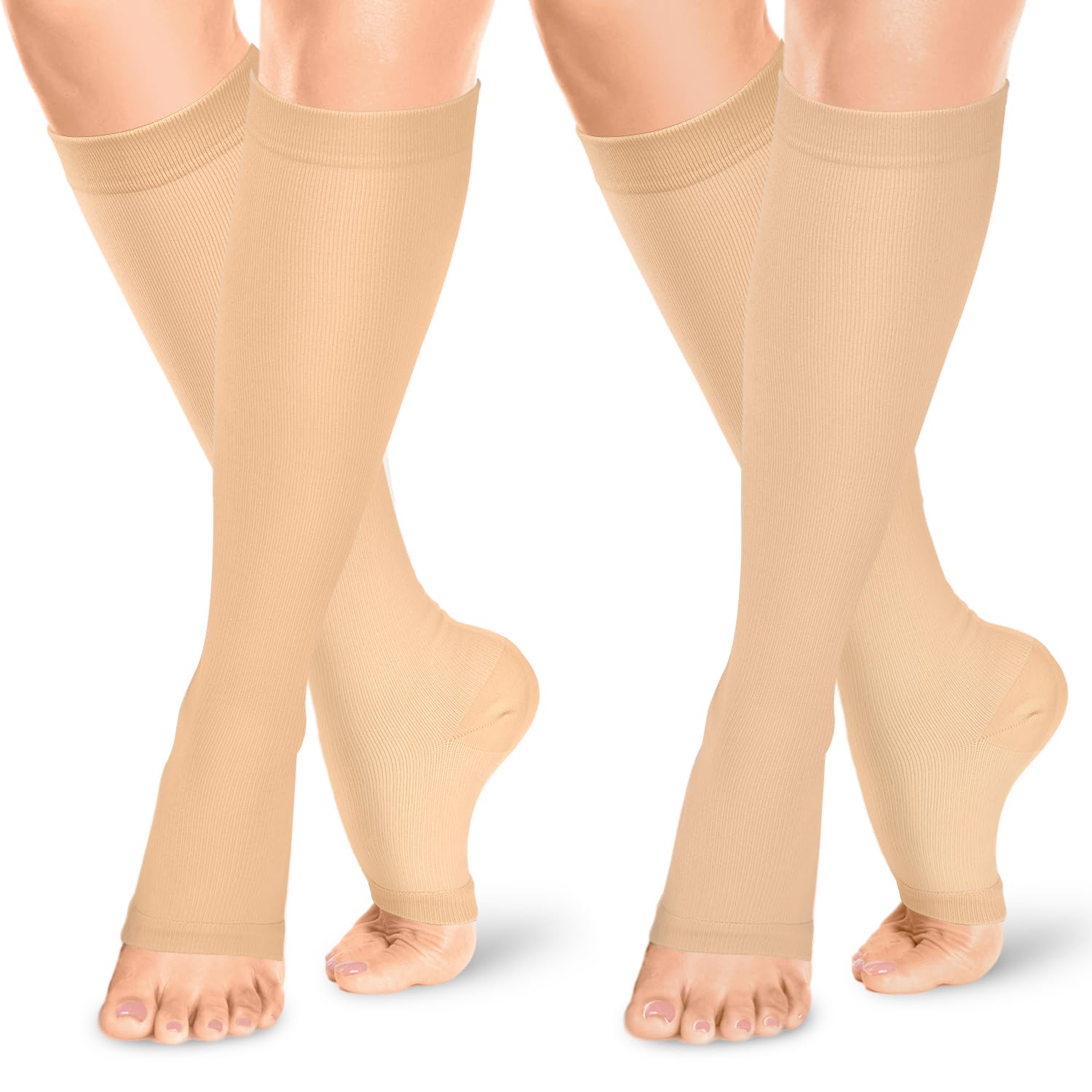 ACTINPUT Open Toe Compression Socks for Women & Men - 2 Pairs 15-20 mmHg Knee High Graduated Toeless Socks for Circulation, Varicose Veins & Swelling Relief - Perfect for Running, Travel & Nurses