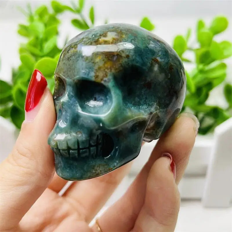 2 Inch Natural Ocean Jasper Skull Carving Sculpture - Healing Gemstone Crystal Crafts for Home Decor, Meditation & Spiritual Healing | Unique Gift Idea for Crystal Collectors