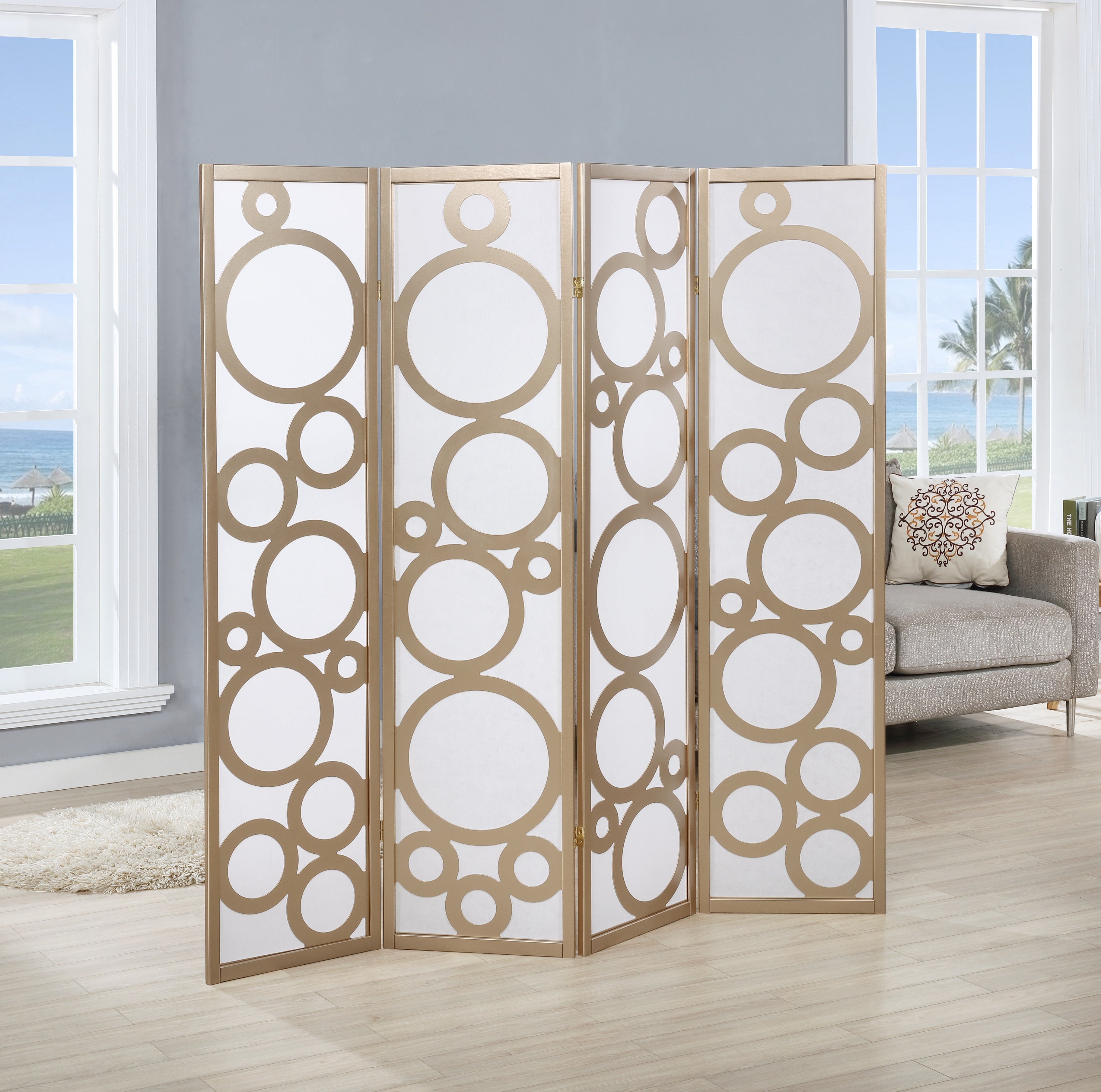 Roundhill Furniture Arvada 4-Panel Wooden Room Divider Screen with Decorative Circle Pattern in Gold Finish - Perfect for Home Office, Living Room & Bedroom Partition