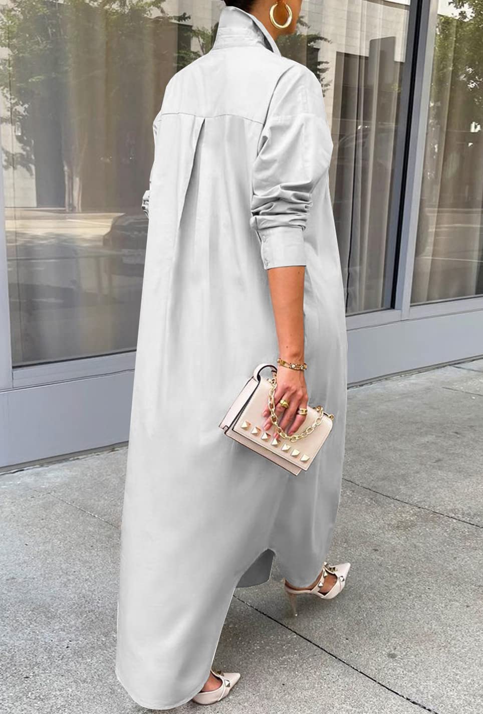 Choichic Women's Casual Long Sleeve Cotton Button Down Shirt Dress - Maxi Length Summer Beach Cover Up, Office Wear & Everyday Outfit
