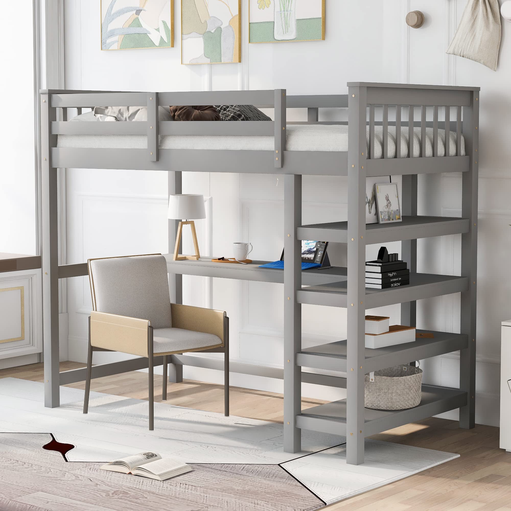 Twin Size Loft Bed with Under-Bed Desk & Storage Shelves - Solid Rubber Wood Frame with Full-Length Guardrail for Kids & Teens - Space-Saving Study Workstation (Gray) - Perfect for Small Bedrooms, Dorm Rooms & Home Offices