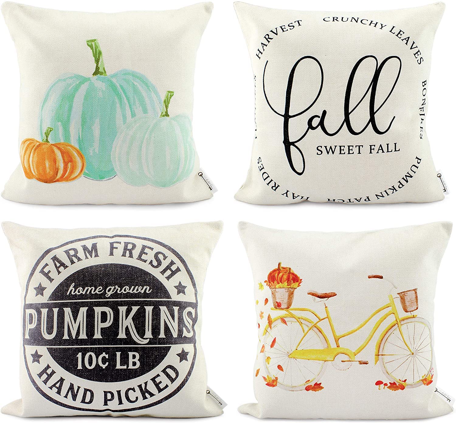 Vintage Farmhouse Fall Throw Pillow Covers 16x16 Inch (Set of 4) - Cozy Autumn Home Decor for Sofa, Couch & Living Room - AuldHome Design