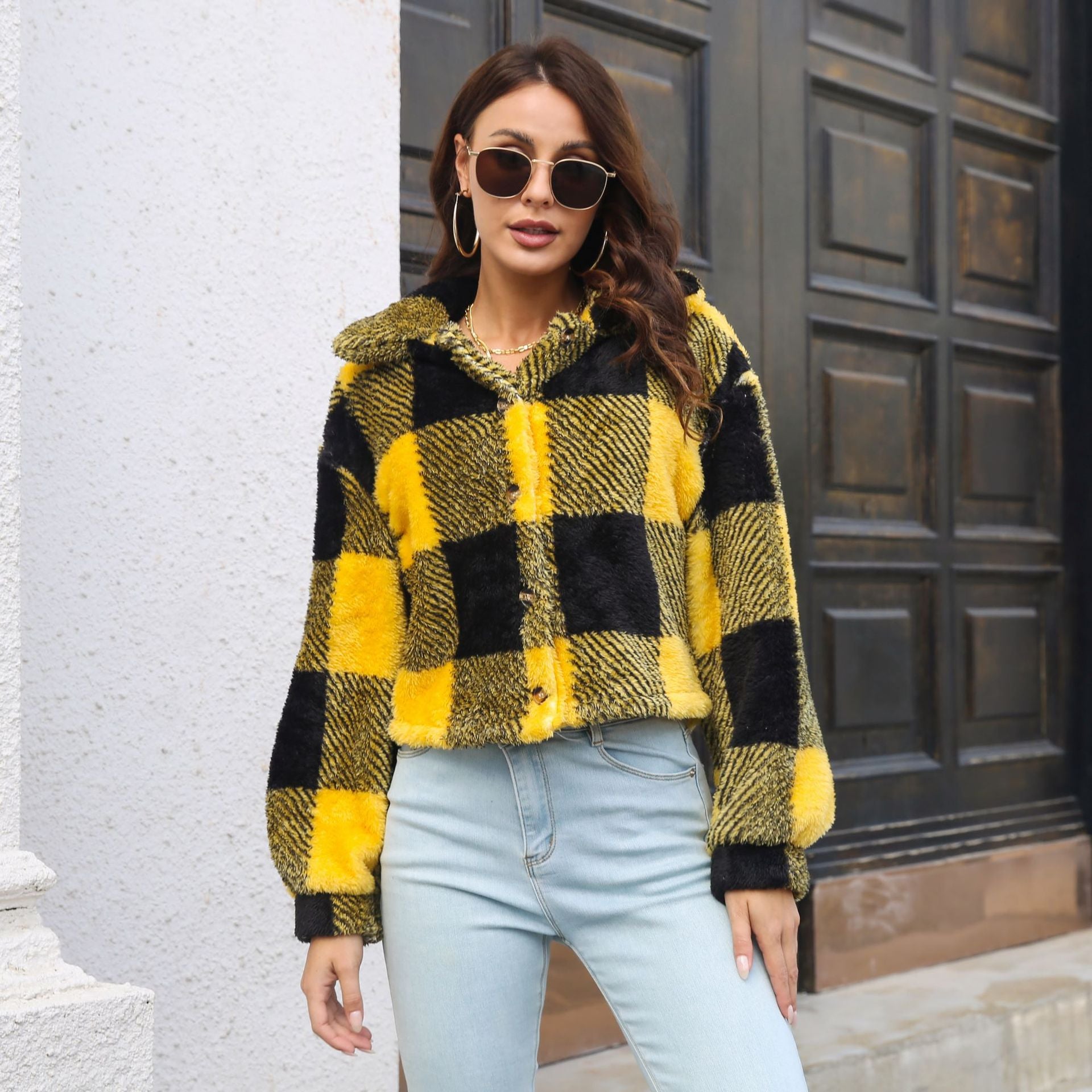 Women's Plaid Double-Sided Velvet Jacket with Lantern Sleeves - Soft Loose Short Coat for Autumn & Winter - Cozy Plush Outerwear for Casual Wear, Office & Date Nights