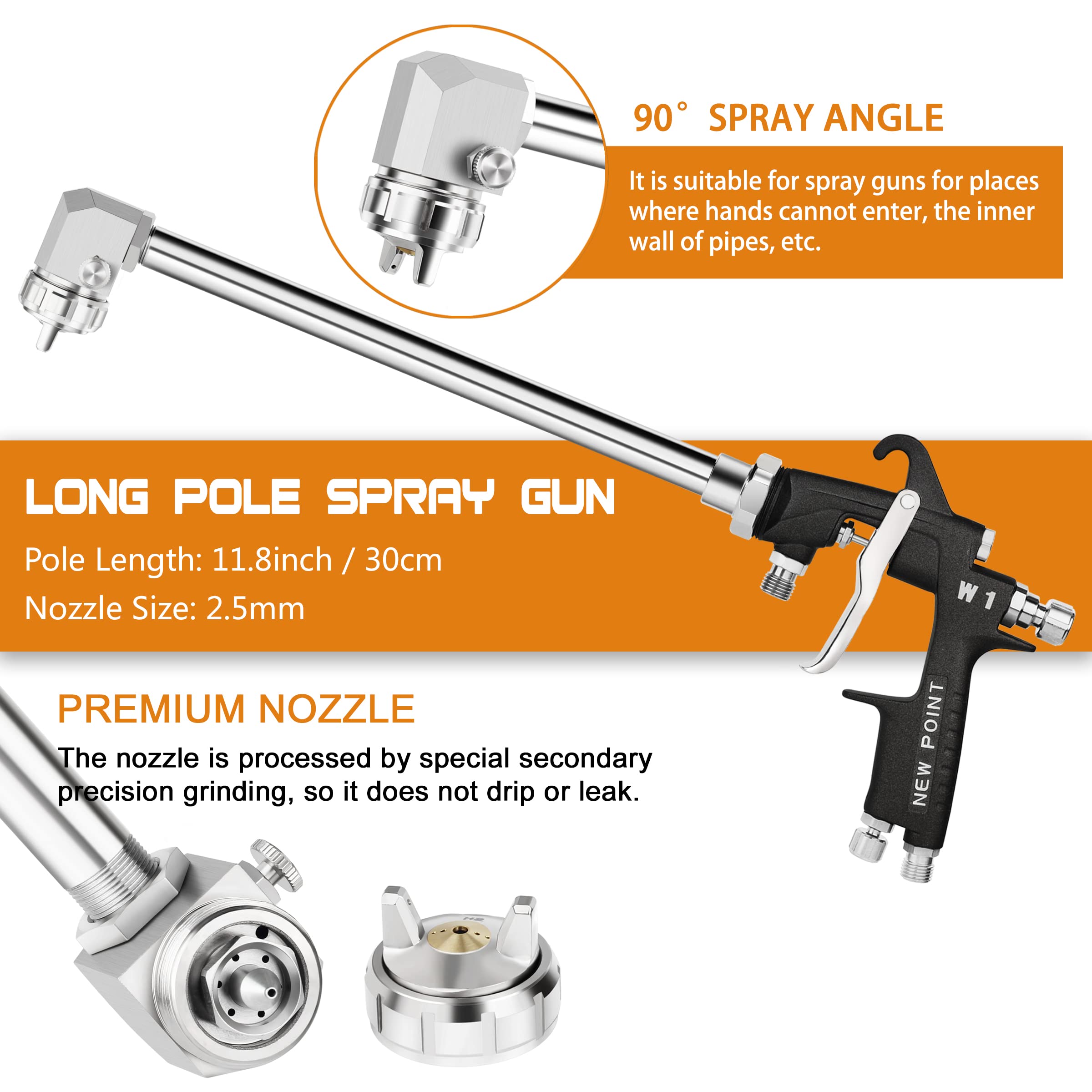 30cm Extension Long Pole Spray Angle Air Spray Gun - High Efficiency Pressure Feed Paint Gun for House & Automotive Painting (2.5mm Nozzle, 90° Spray Angle) | Perfect for Wall Painting, Car Refinishing & DIY Projects