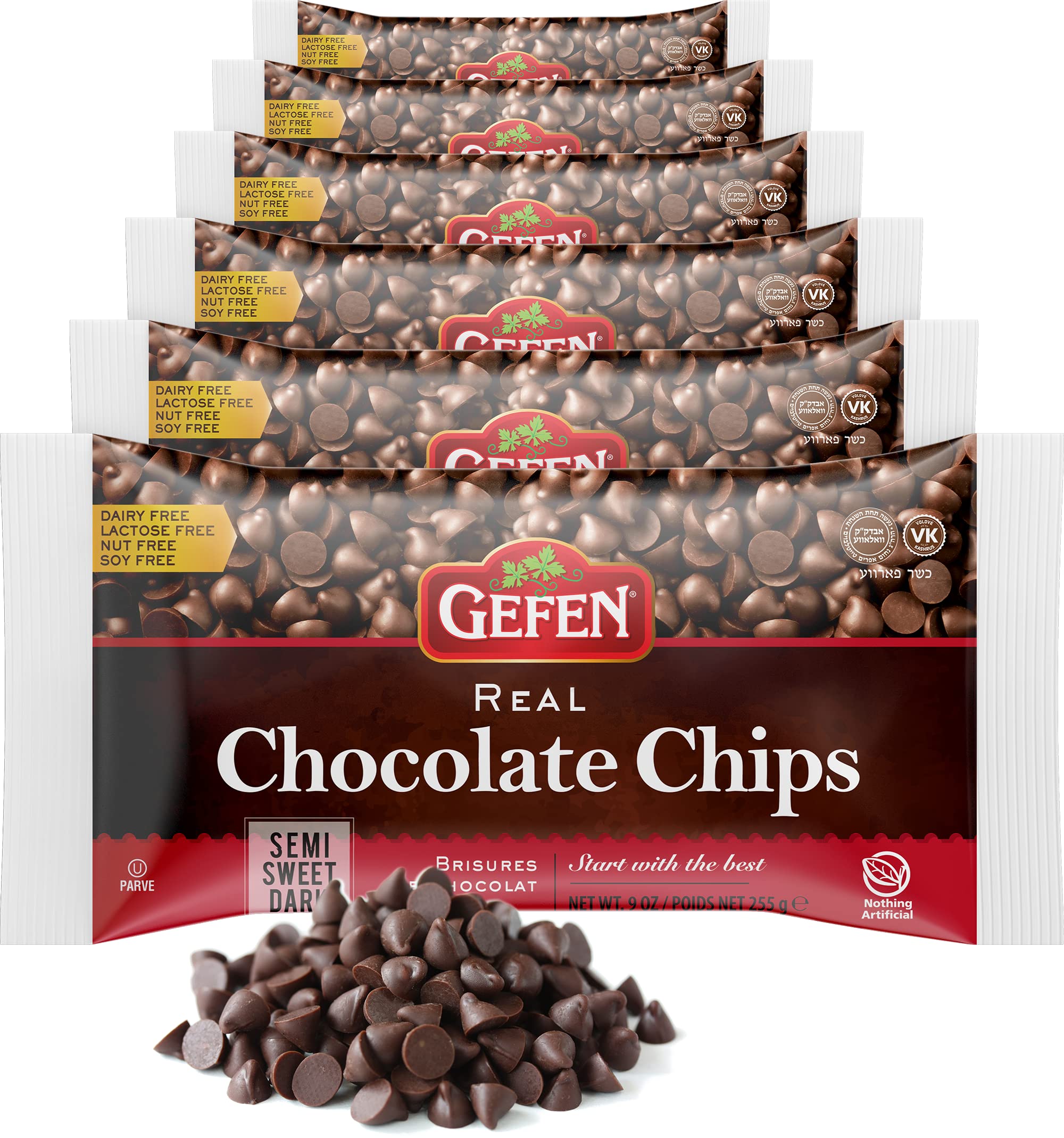 Gefen Vegan Semi Sweet Real Dark Chocolate Chips - Dairy Free, Nut Free, Lactose Free, Kosher Certified - 9oz (6 Pack) - Perfect for Baking Cookies, Cakes & Desserts