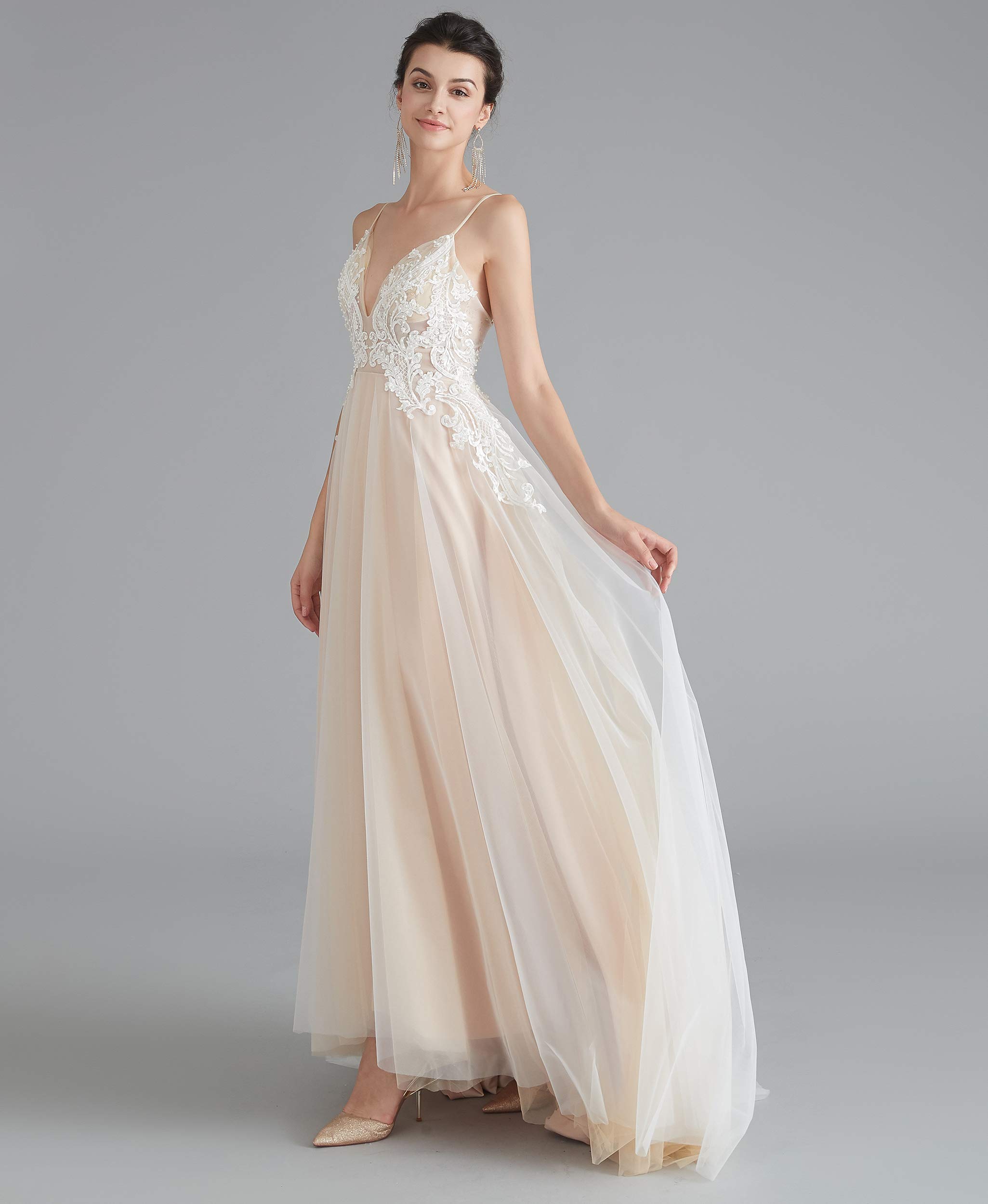 Elegant Women's V-Neck Empire Waist Wedding Dress with Pearl Appliques - Perfect for Beach Weddings, Bridal Showers & Summer Formal Events