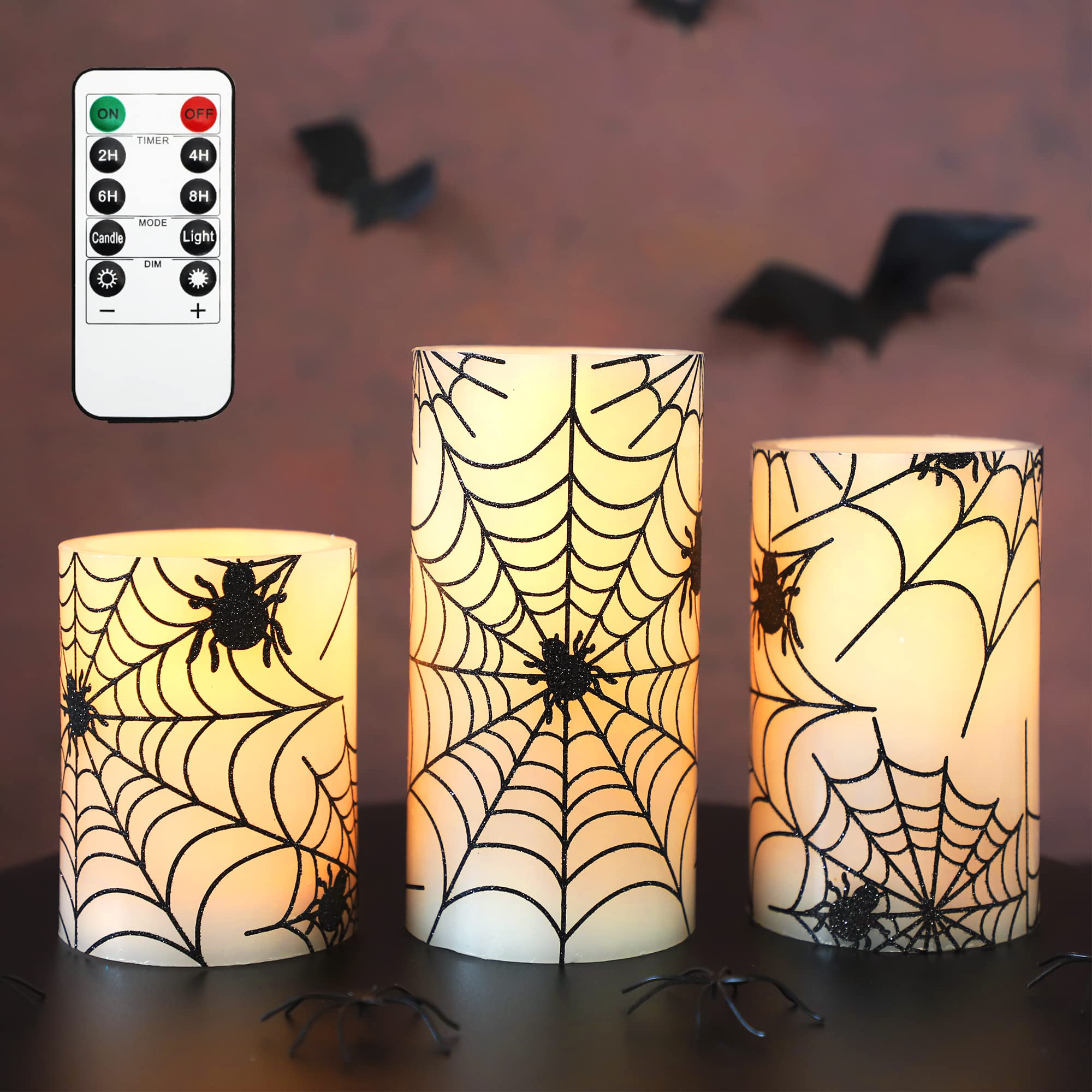 Flameless LED Candles for Halloween Decor - 3 Pack Flickering Battery Operated Candles with Remote Control | Spider Web Design for Spooky Home Decor | Perfect for Halloween Parties, Haunted Houses & Themed Events