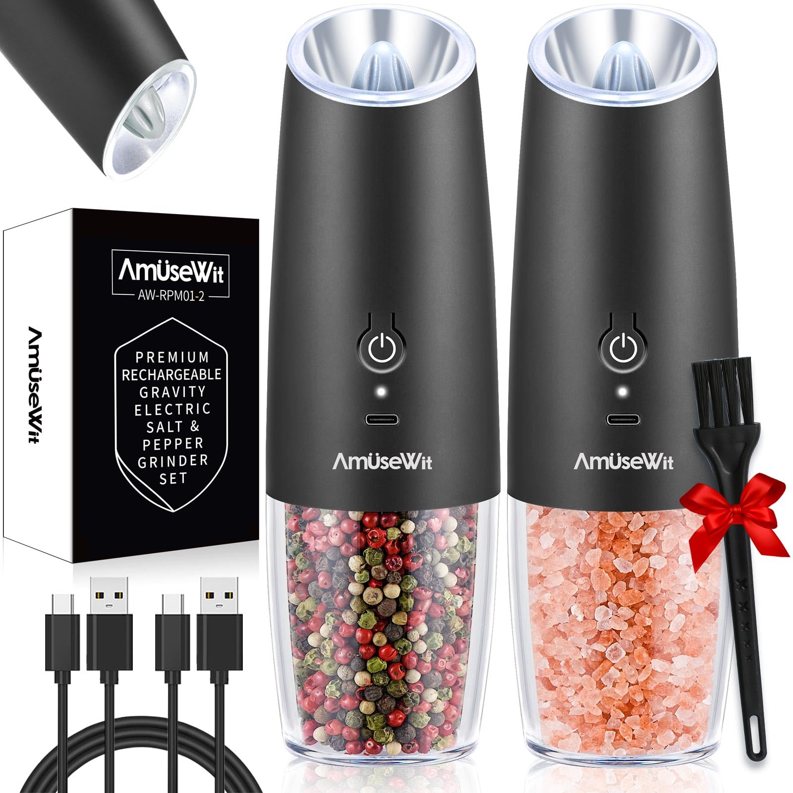 AmuseWit Gravity Electric Salt and Pepper Grinder Set - USB Rechargeable Automatic Spice Mill with Adjustable Coarseness, One-Handed Operation, Matte Black Finish | Perfect for Kitchen, Dining Table & Outdoor Cooking