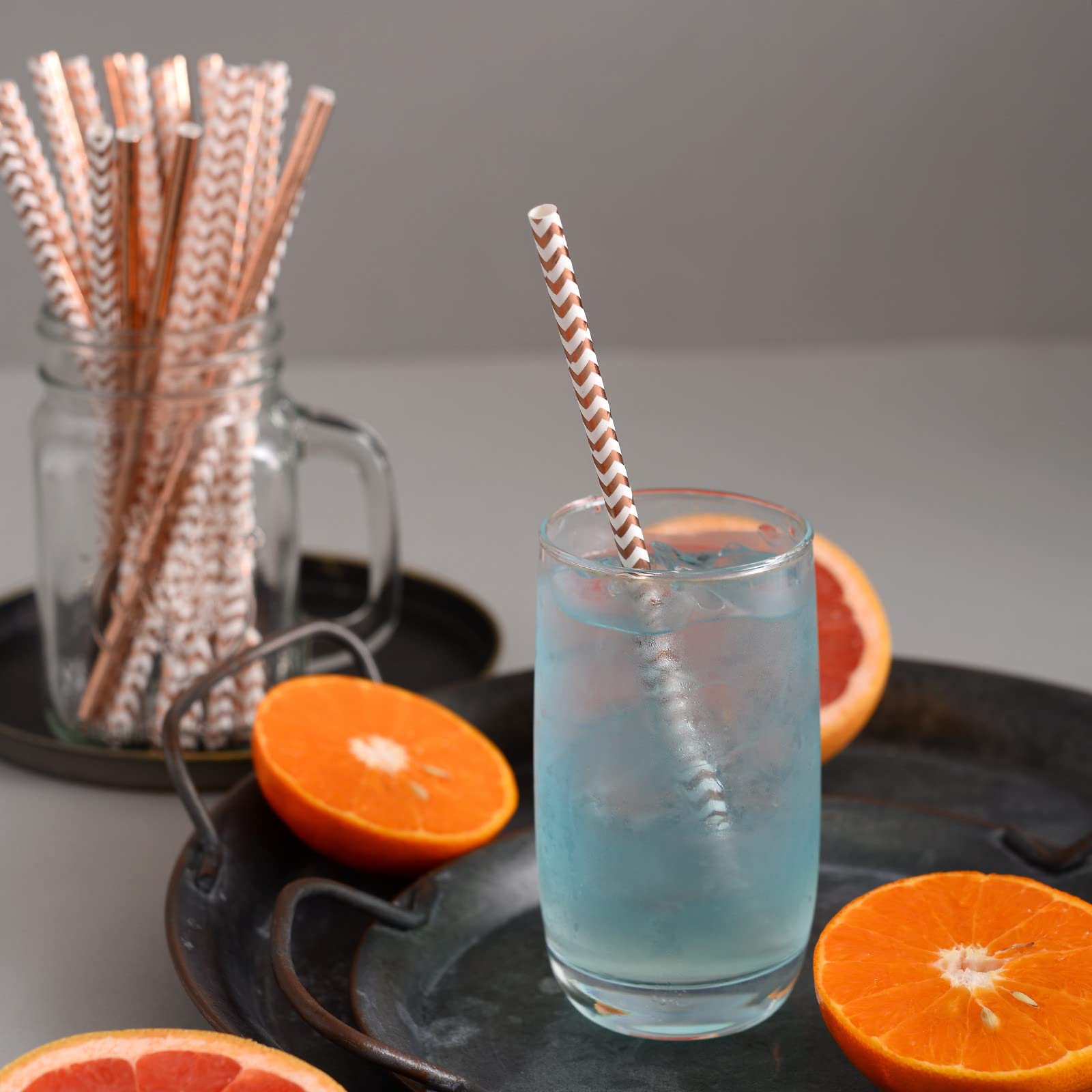 Xeahung 100 Pcs Rose Gold Paper Straws - 7.75 Inch Disposable Drinking Straws for Juice, Cocktails, and Party Decorations (Eco-Friendly Wavy Design)