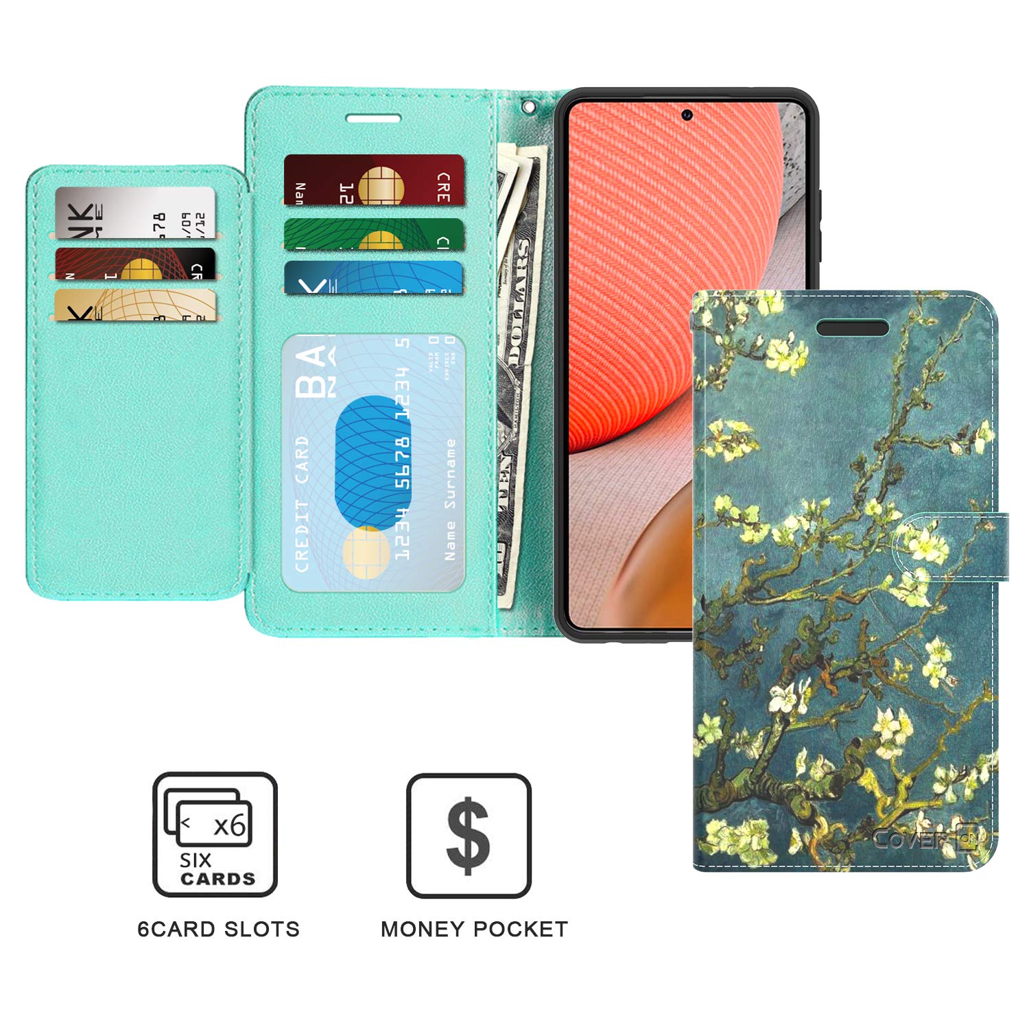 CoverON RFID Blocking PU Leather Wallet Case for Samsung Galaxy A52 - Flip Folio Stand Phone Cover with Card Slots (Almond Blossom) | Perfect for Daily Commute, Business Travel & Contactless Payments