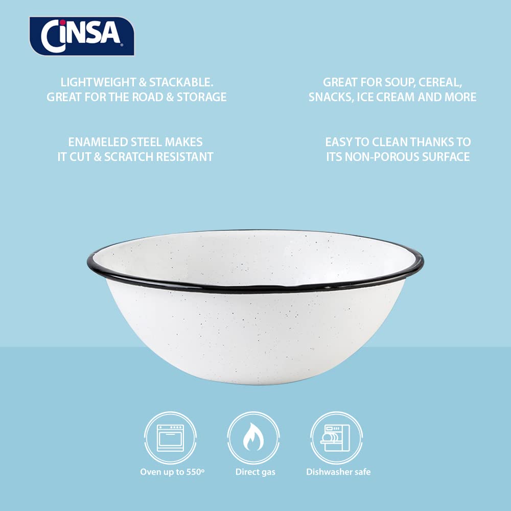 Cinsa 7-Inch Enameled Steel Bowls (Set of 6) - Durable Stackable Mixing Bowls for Kitchen, Camping & Farmhouse Decor - Oven, Fire & Dishwasher Safe - Speckled White - Perfect for Baking, Serving & Outdoor Picnics