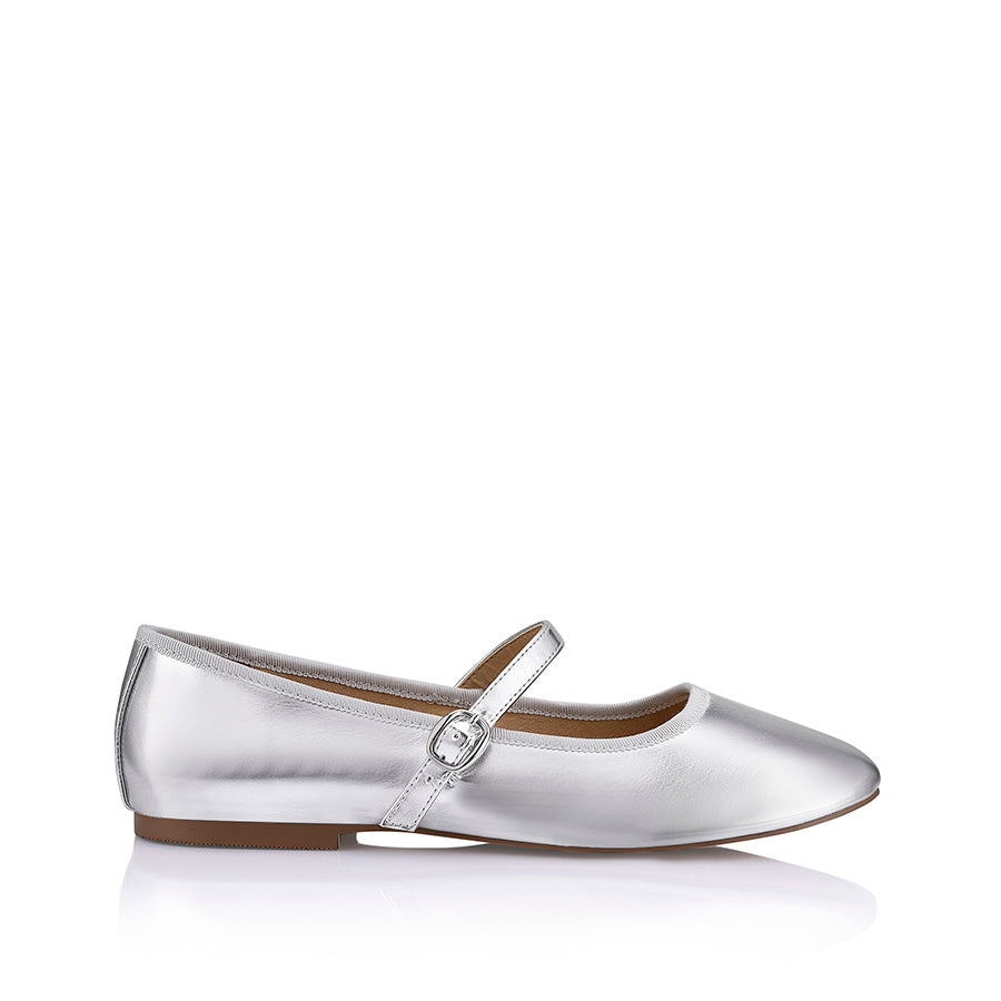 Bambi Mary Jane Flats - Silver Smooth Leather Shoes for Women | Comfortable & Stylish Ballet Flats for Work, Casual Wear & Special Occasions