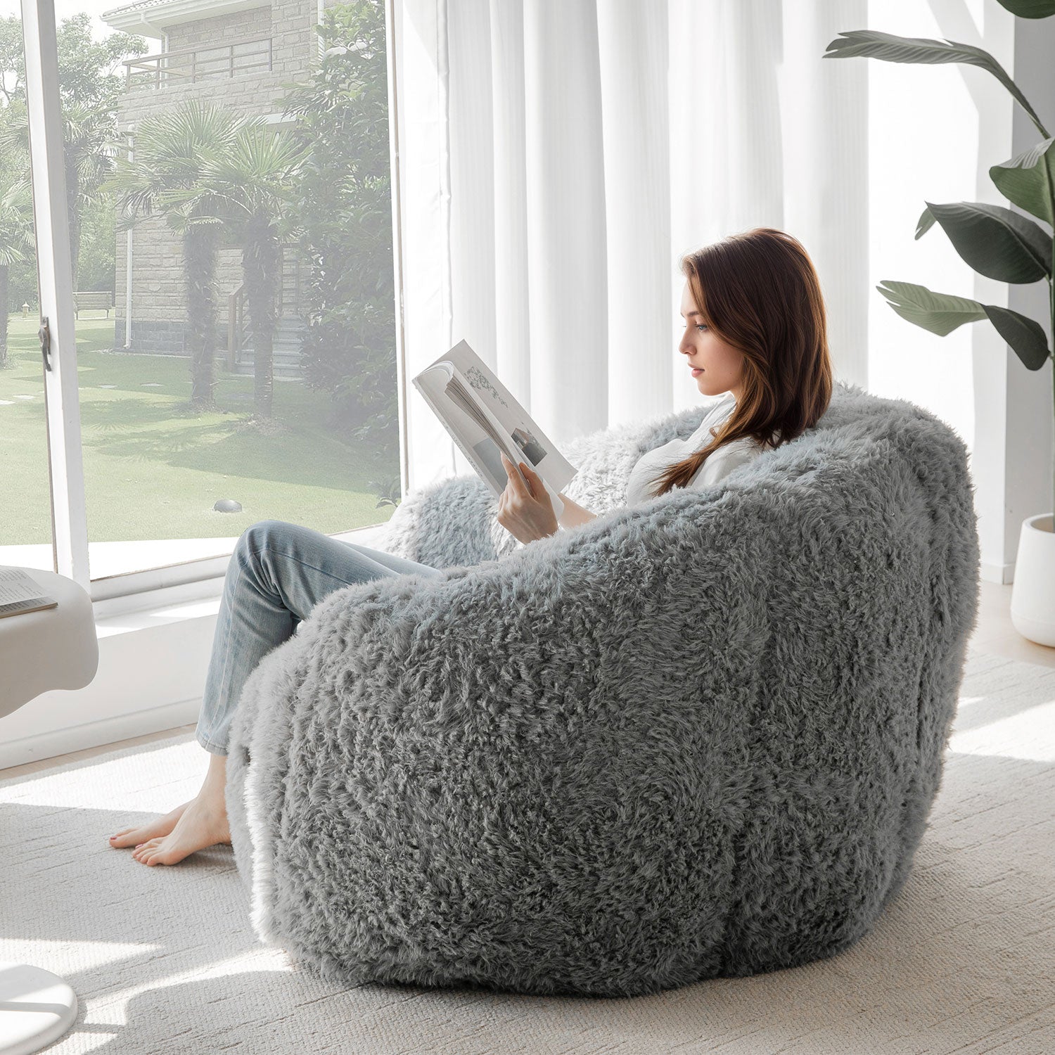 MAXYOYO Giant Bean Bag Chair - Fluffy Shaggy Floor Sofa with Shell Design for Ultimate Comfort, Grey - Perfect for Living Room, Bedroom, Game Room & Dorm Relaxation