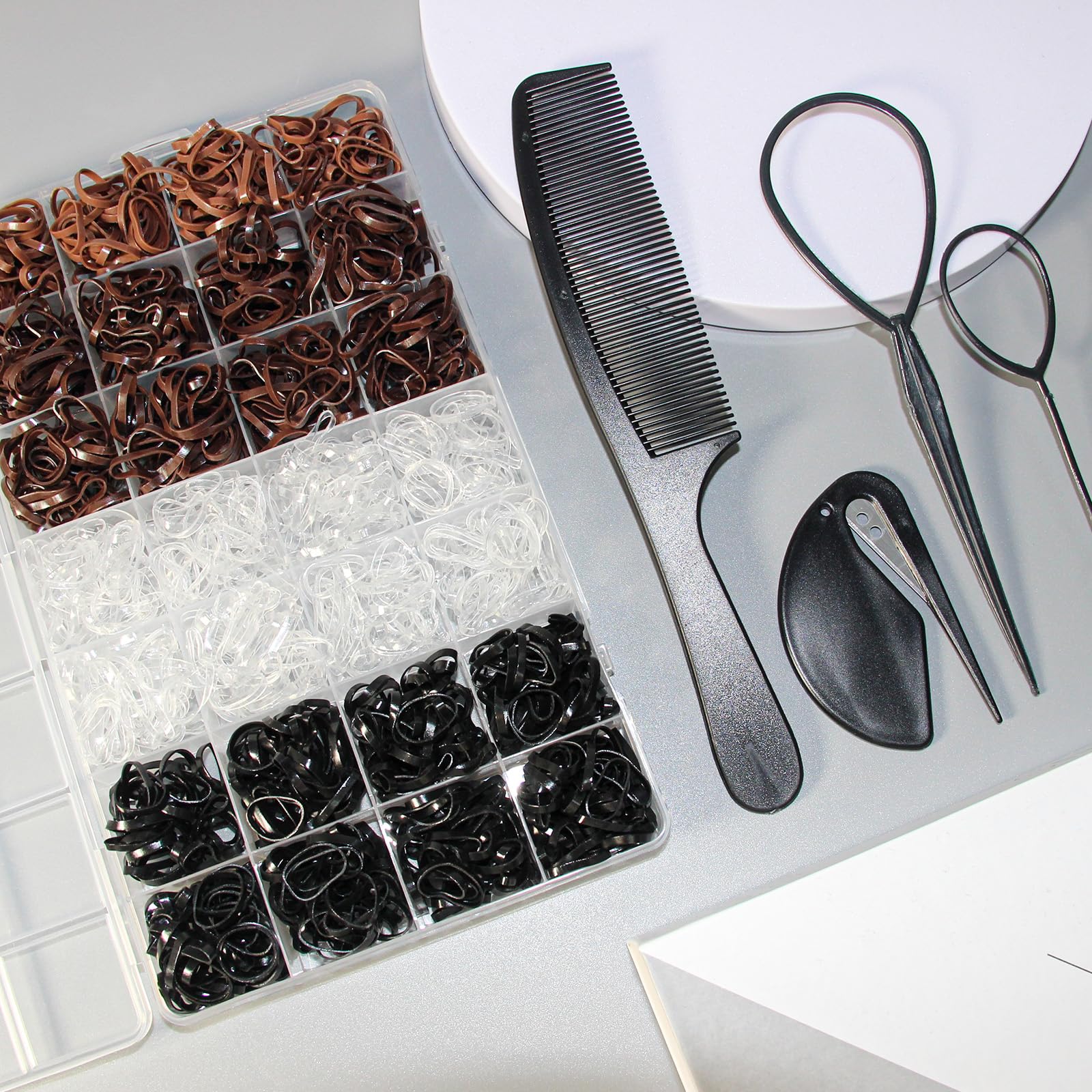 1500 Pcs Small Elastic Hair Bands - Black, Brown & Clear Mini Rubber Hair Ties for Women & Baby Girls | Includes Hair Comb & Elastic Cutter | Perfect for Ponytails, Braids & Everyday Hairstyles