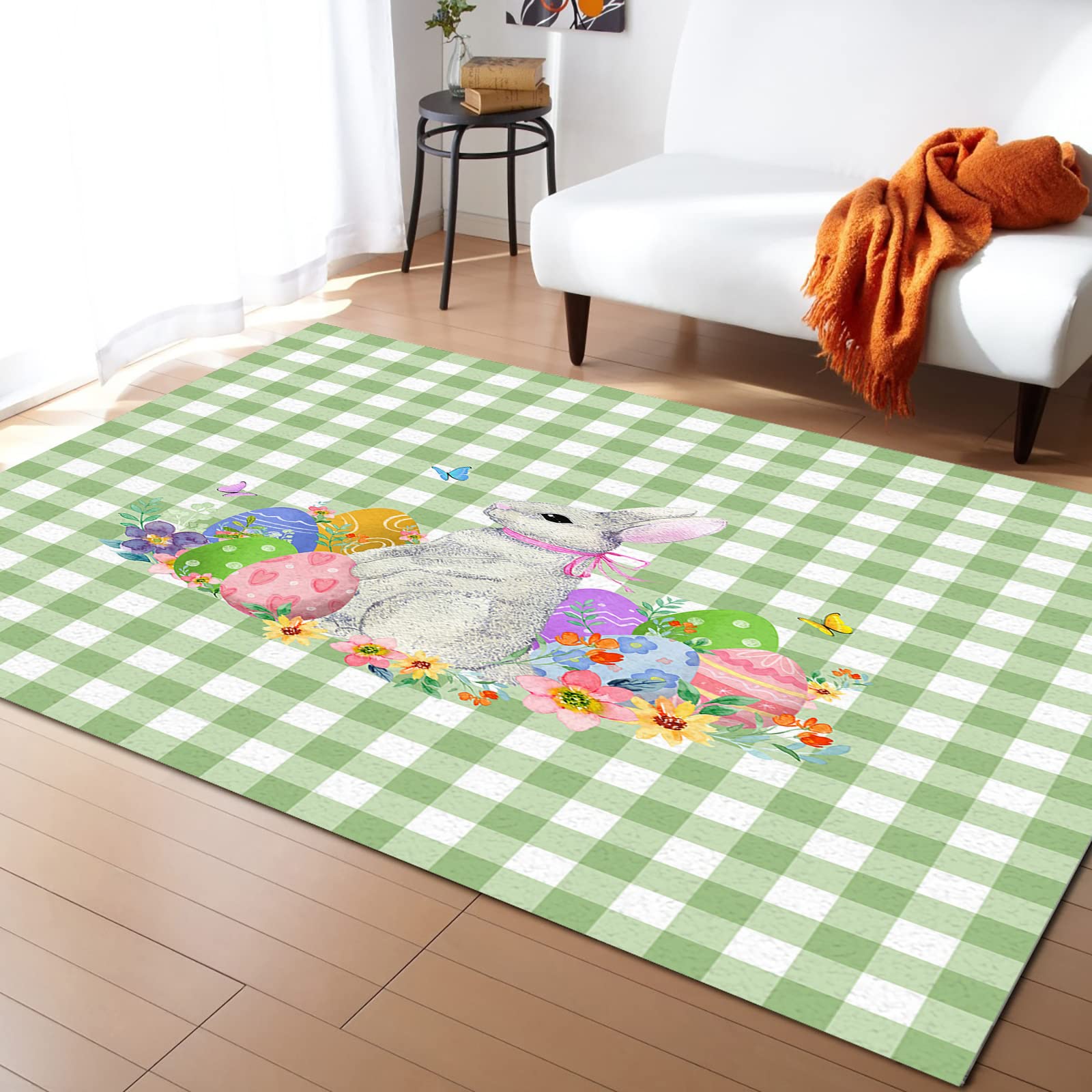 Easter Bunny Area Rug 3'x5' - Non-Slip Washable Kitchen Rug with Watercolor Spring Floral Eggs Design on Green Buffalo Plaid - Absorbent Hallway Runner for Living Room, Bathroom, Bedroom & Nursery - Perfect for Easter Decor, Spring Home Decor & Cozy Floor Comfort