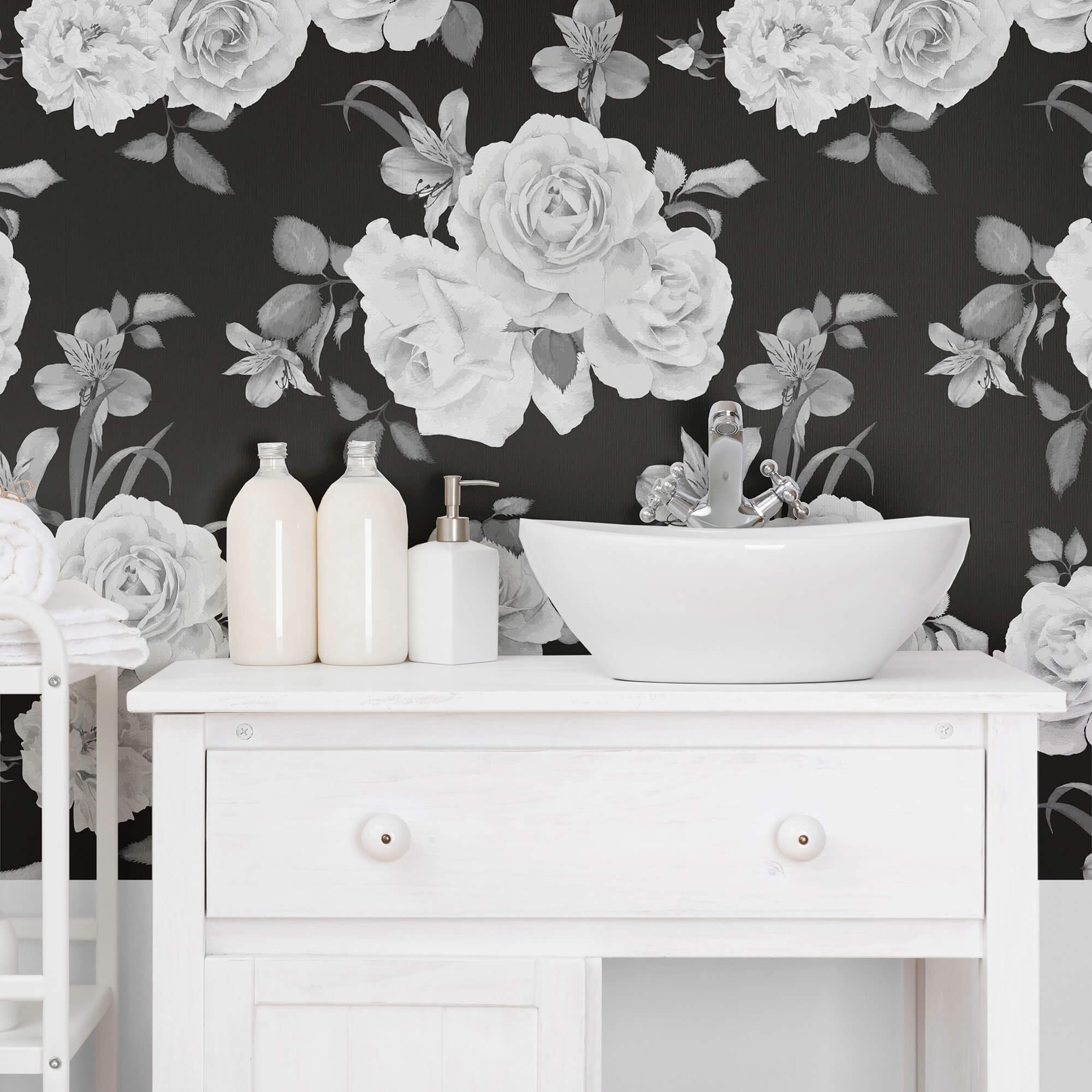 Black and White Floral Peel and Stick Removable Wallpaper - Self-Adhesive Decorative Wall Covering for Bedroom, Living Room, Kitchen - Easy to Install & Remove - Pattern 9335