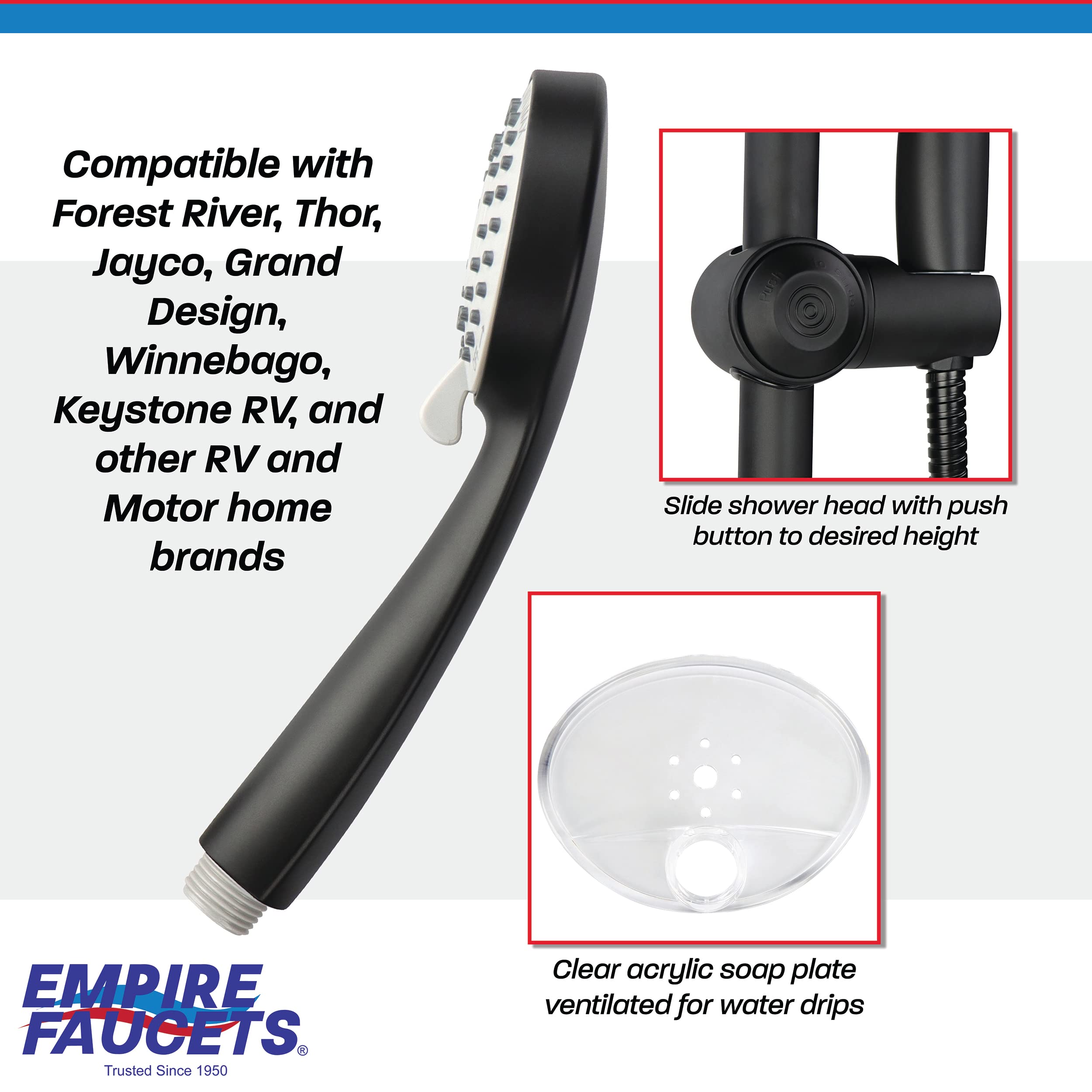 Empire Faucets Matte Black Shower Slide Bar & Adjustable Shower Head Combo - Vertical Shower System for RV, Camping, Tiny Homes & Small Bathrooms - Perfect for Mobile Living & Space-Saving Solutions
